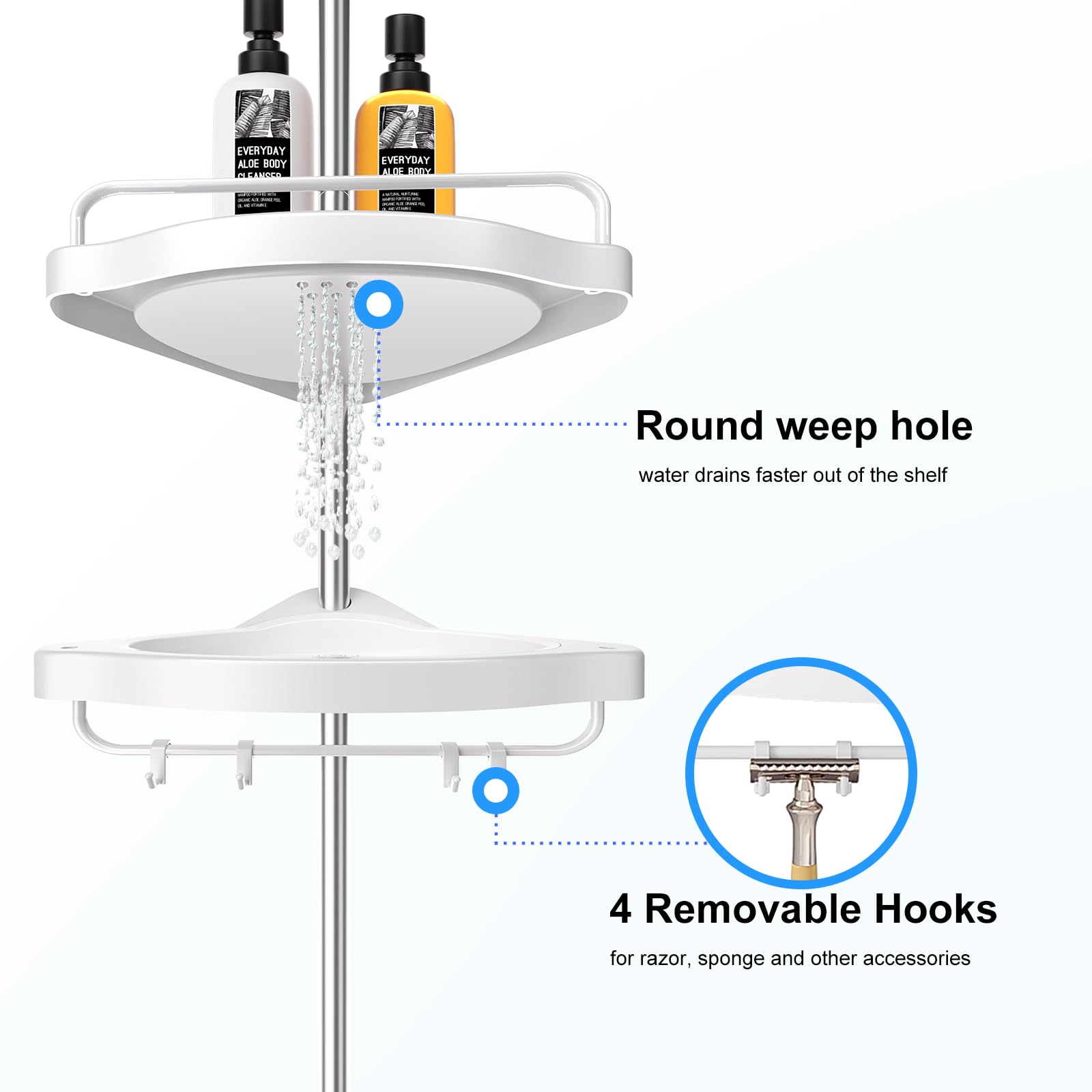 Adjustable Stainless Steel Corner Shower Tension Pole - 4 Tier Bathroom Shelf Organizer for Shampoo, Soap & Towels | Space Saving Shower Storage Solution for Small Bathrooms