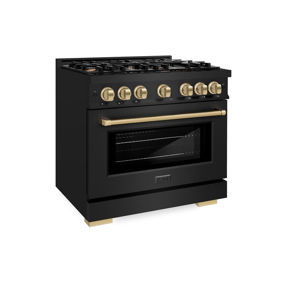 ZLINE Autograph Edition 36-Inch Dual Fuel Range - 5.2 cu.ft Capacity, 6-Burner Gas Cooktop & Electric Convection Oven - Black Stainless Steel with Champagne Bronze Accents (HDRBZ 36 CB) - Perfect for Gourmet Kitchens & Professional Home Chefs