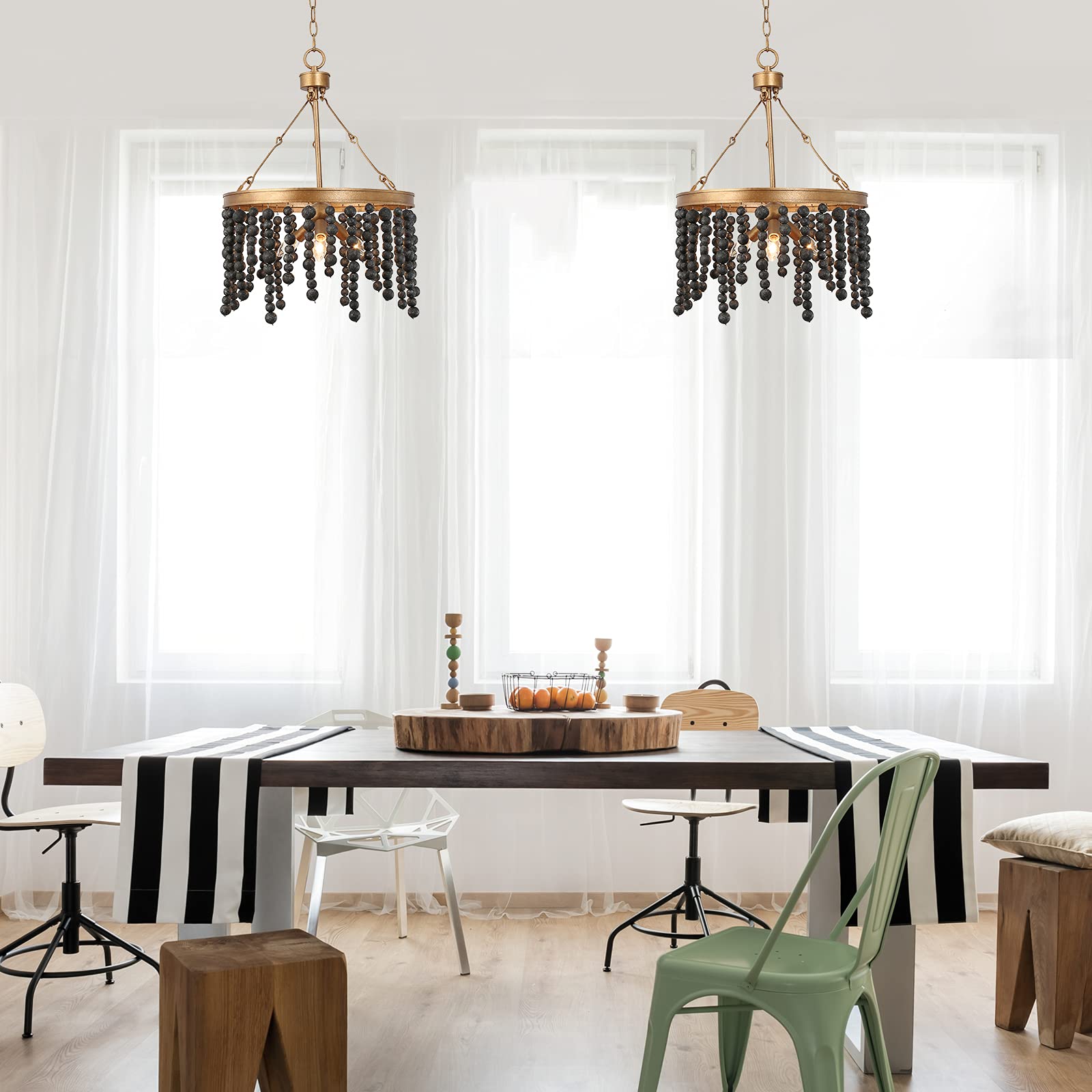 Black 3-Light Wood Beaded Boho Chandelier - 17