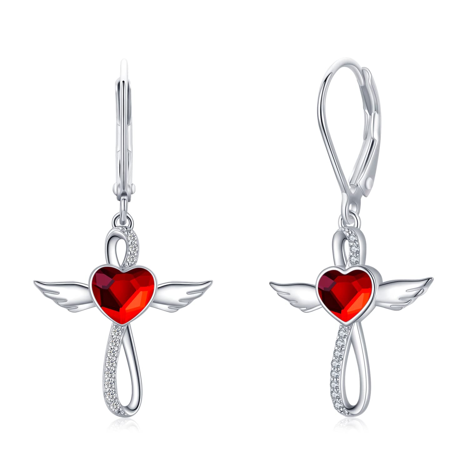 925 Sterling Silver Angel Wings Cross Earrings for Women - Hypoallergenic Dangle Drop Heart Earrings with Birthstone & Infinity Leverback, Perfect Birthday Jewelry Gift for Girls (Ideal for Church, Weddings & Everyday Wear)