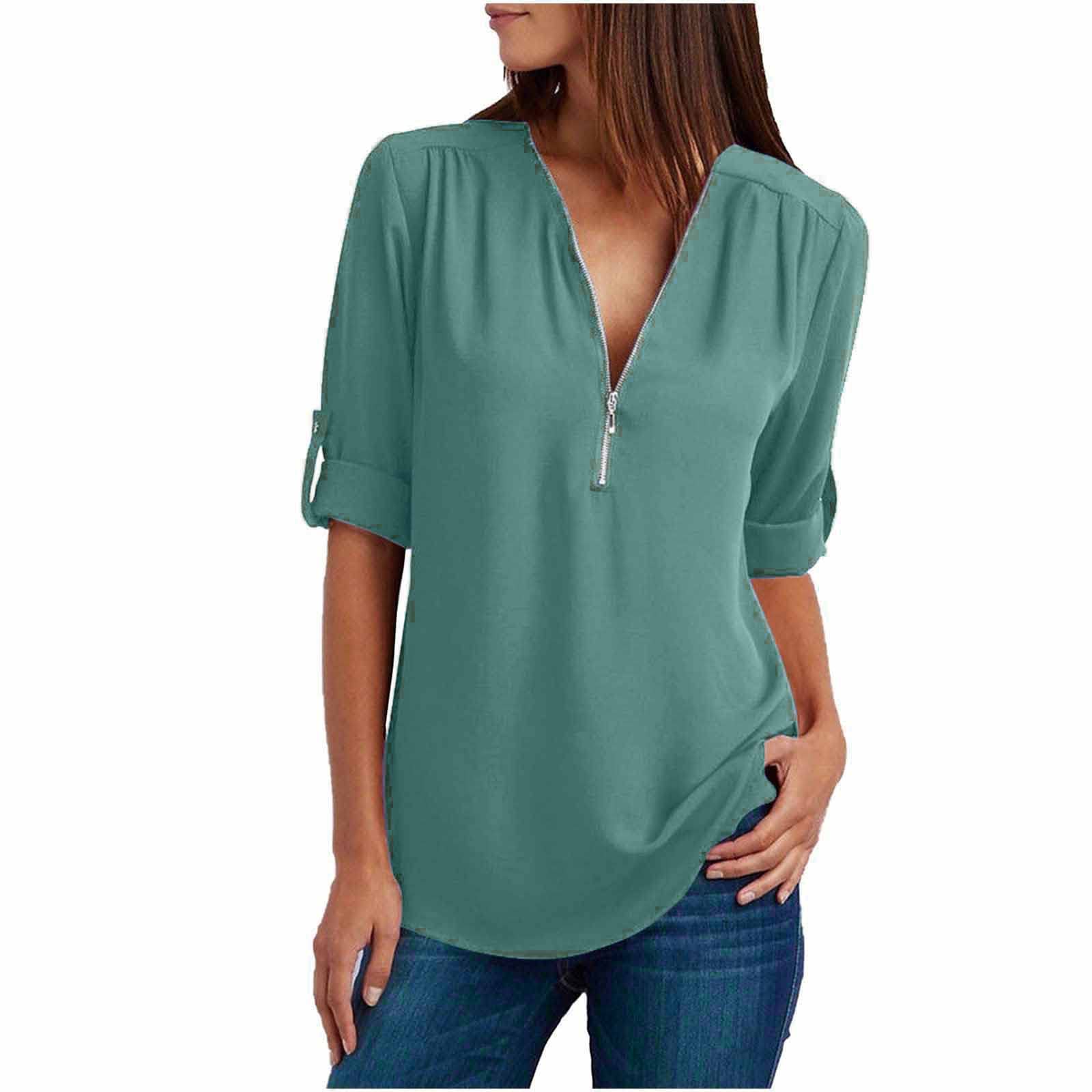 Women's Long Sleeve V Neck Blouses - Summer Casual Zip Tunic Tops for Easy Matching | Perfect for Work, Travel & Activewear