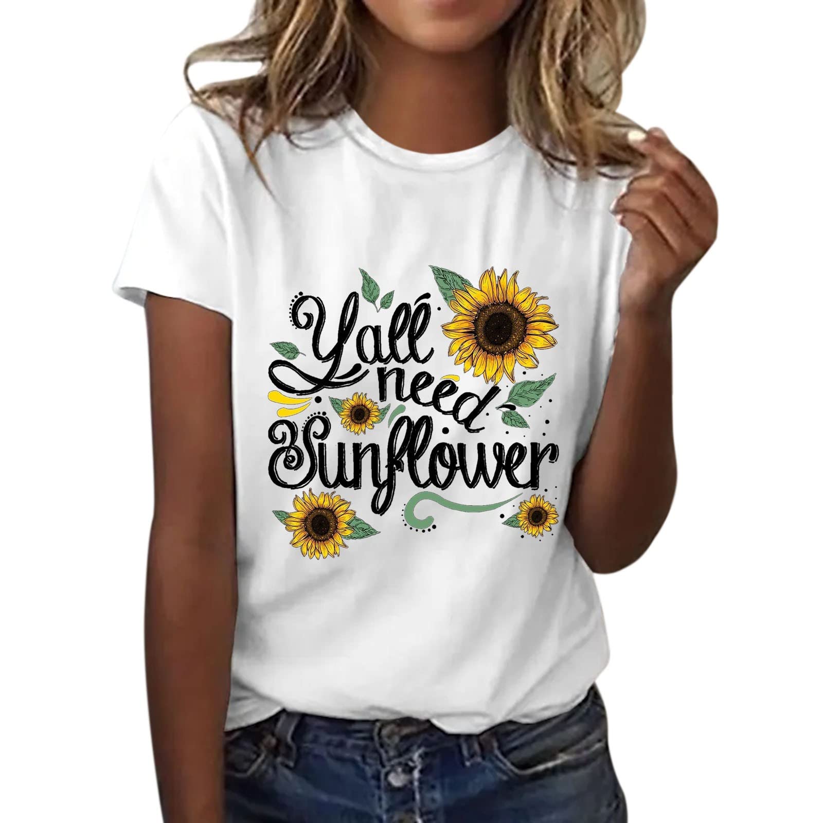 Women's Short Sleeve Sunflower Print Round Neck T-Shirt - Summer Casual Blouse for Women - Perfect for Beach Outings, Picnics, and Everyday Wear