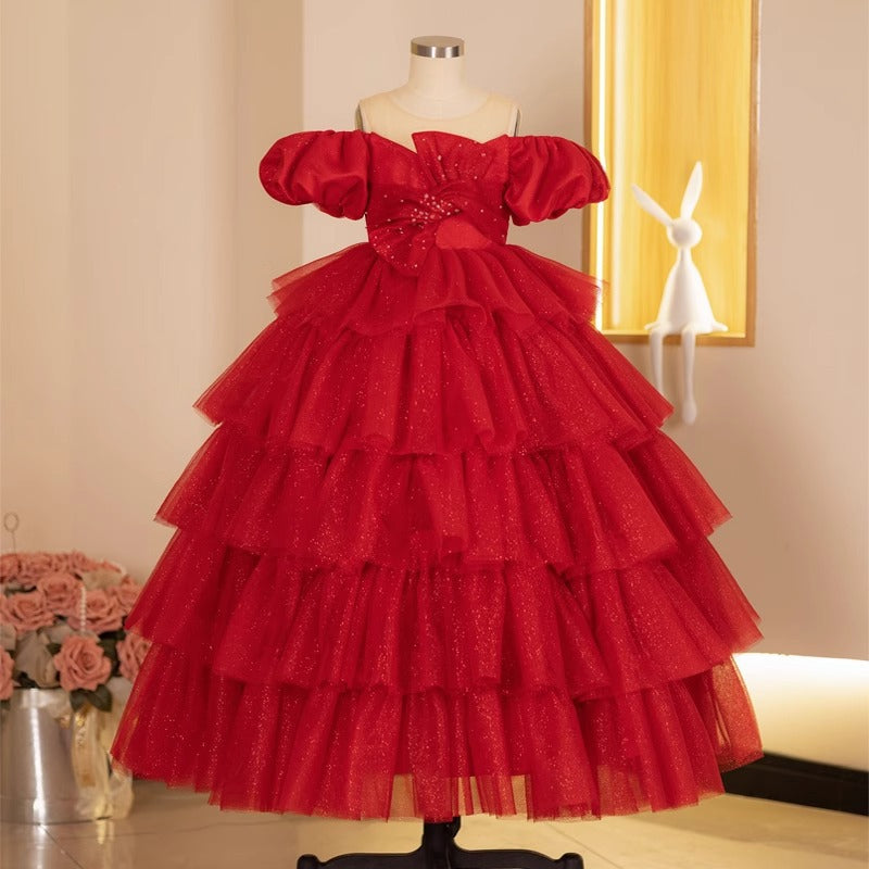 Elegant Baby Red One Shoulder Puffy Mesh Princess Dress for Toddlers - Christening Gowns & Special Occasion Outfits for Girls - Perfect for Baptism, Birthday Parties, and Photo Shoots