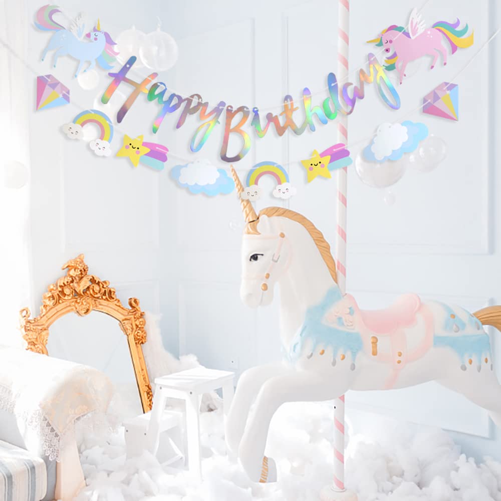 Magical Unicorn Birthday Party Decorations Set - Happy Birthday Banner, Cartoon Clouds, Stars & Rainbow Decor for Kids - Perfect for Girls & Boys Birthday Parties, Baby Showers & Themed Celebrations