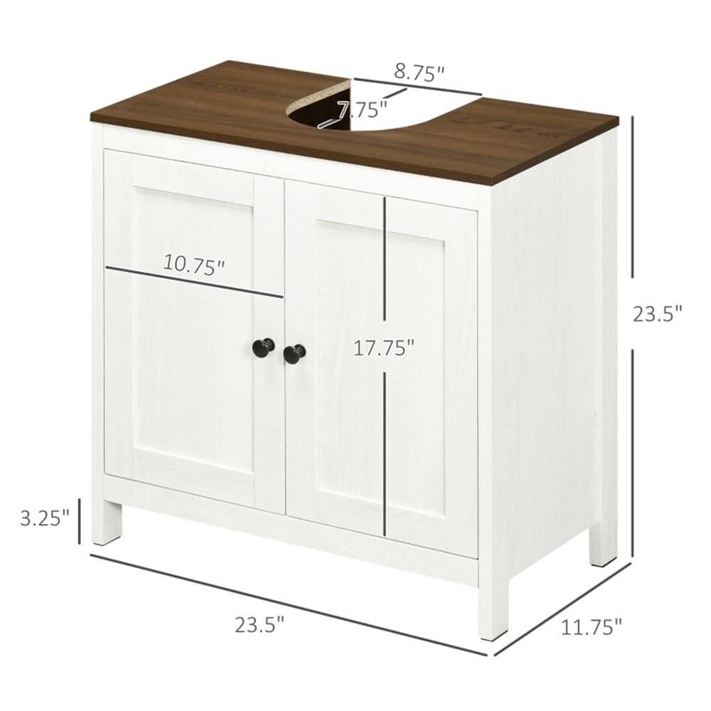 Antique White & Walnut Pedestal Sink Storage Cabinet with Double Doors - Bathroom Vanity Organizer for Small Spaces, Perfect for Powder Rooms & Guest Bathrooms