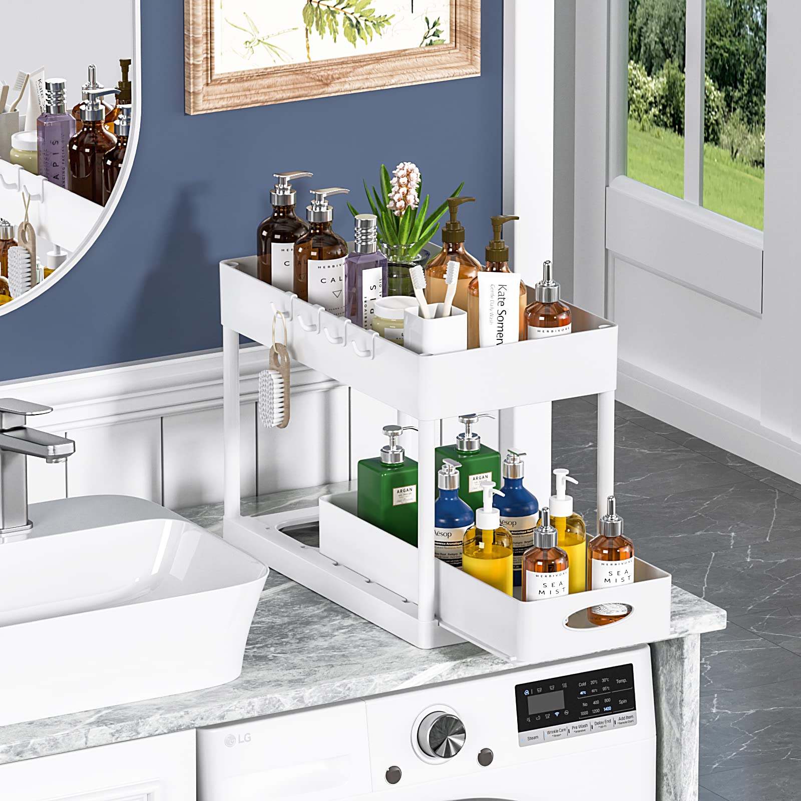 PUILUO 2-Tier Under Sink Organizer - White Sliding Cabinet Basket for Bathroom & Kitchen Storage - Perfect for Organizing Cleaning Supplies, Sponges & Toiletries Under Sink or in Cabinets