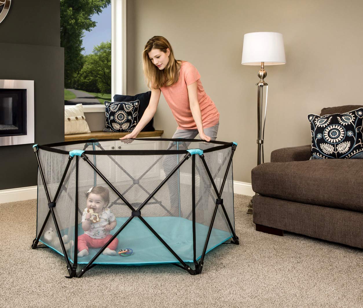 Regalo My Play Deluxe Portable Play Yard for Babies & Toddlers - Indoor/Outdoor Safety Playpen with Full Canopy - 6-Panel Foldable Baby Play Area (Aqua) - Perfect for Home, Park, Beach & Travel Use