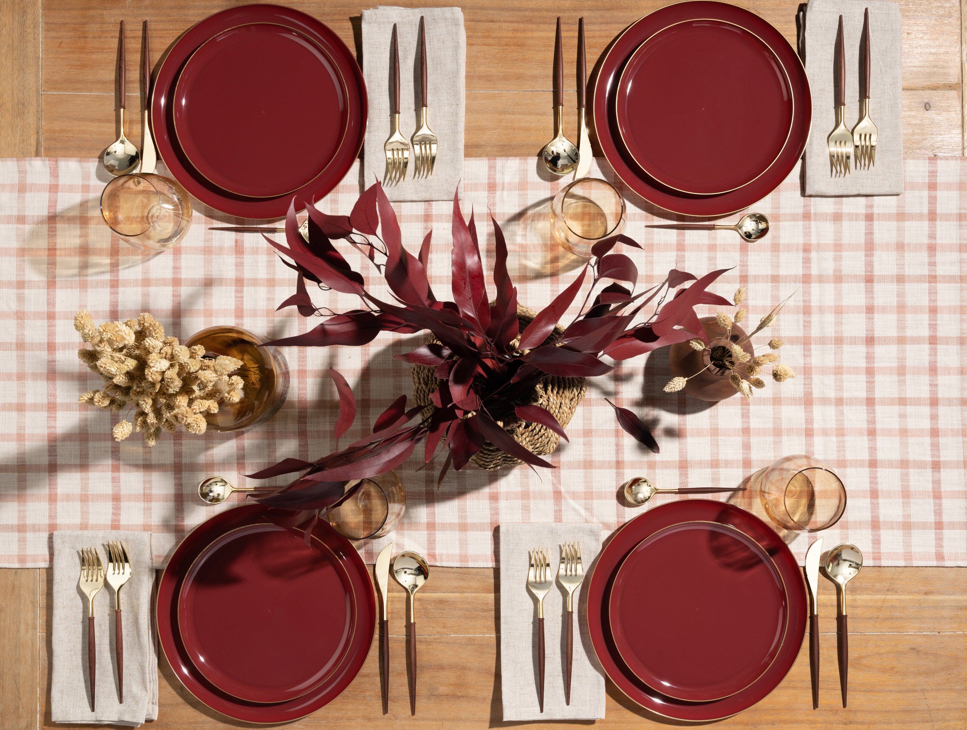 Premium Cranberry & Gold Plastic Party Supplies Bundle - Elegant Disposable Tableware for Weddings, Birthdays & Special Events