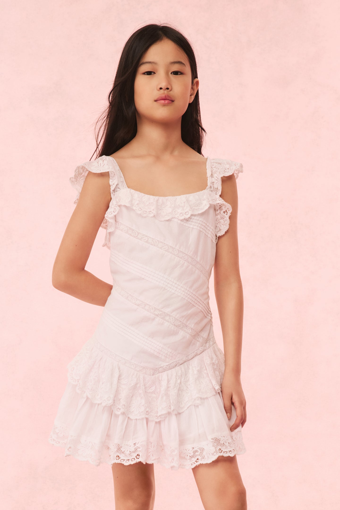 Poppi Girls Cotton Lace Detailed Dress - Elegant Floral Embroidery Summer Party Dress for Kids, Birthday, Photo Shoot & Special Occasions