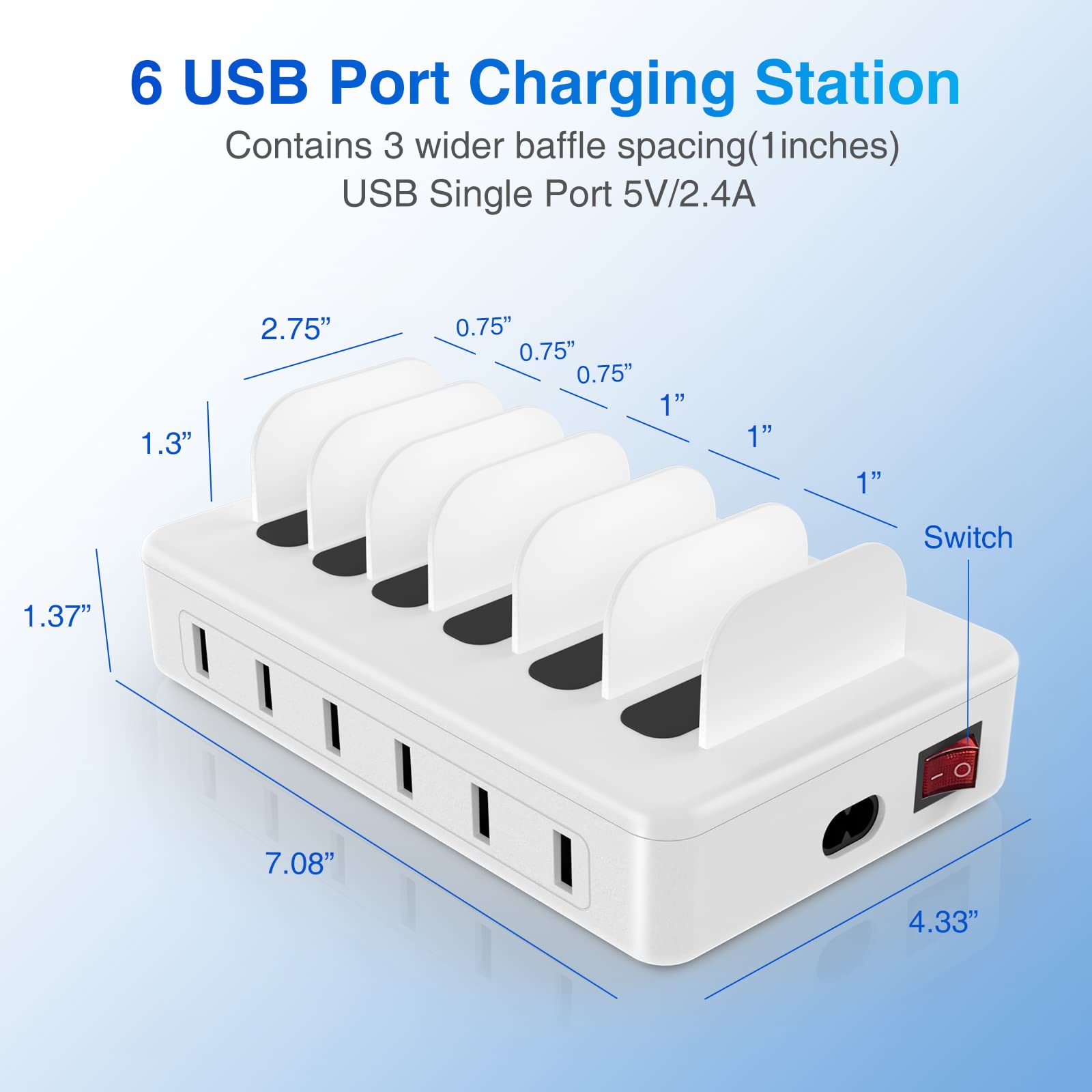 ZXSWONLY 6-Port USB Charging Station with 6 Cables - Fast Multi Device Charger Dock for iPhone, Android, Tablet, Kindle, iPad, Smartphones - Perfect for Home, Office, Travel & Nightstand Charging (White)