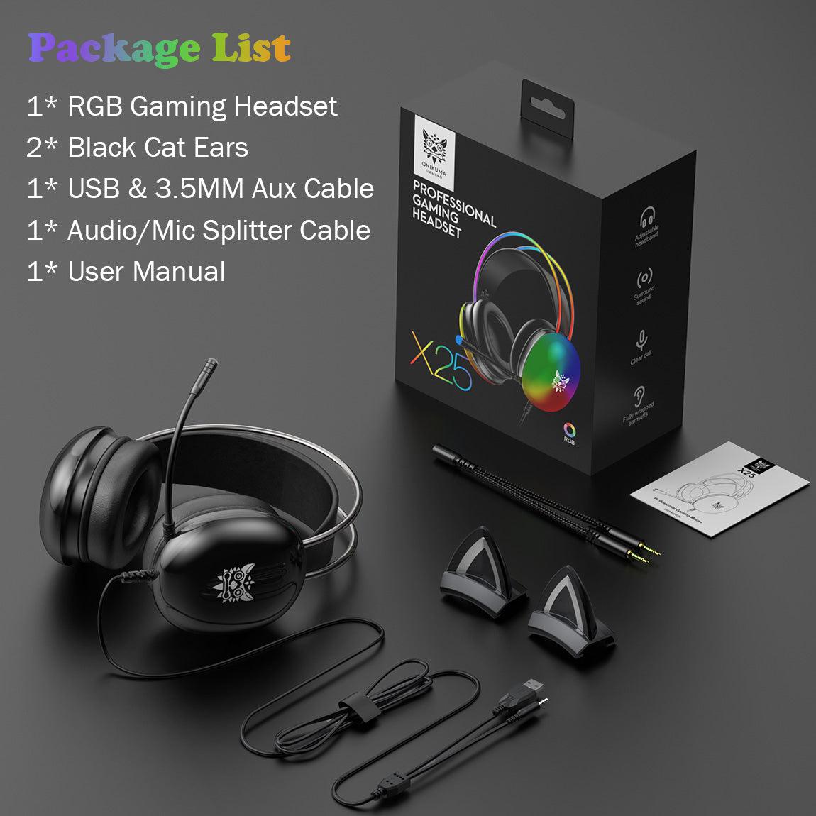 ONIKUMA X25 RGB Cat Ear Gaming Headset with Microphone - Wireless Over-Ear Headphones for PC, PS4, PS5, Switch - Cute LED Light Gaming Headphones for Girls, Streaming, Live Broadcasting