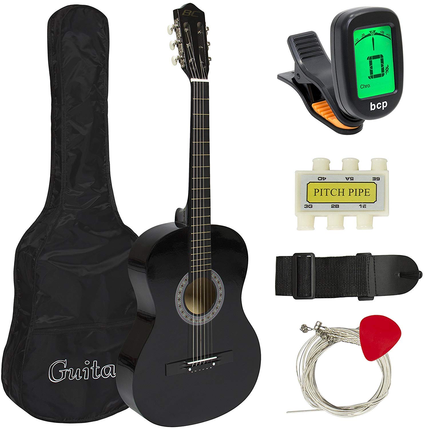 38in Beginner Acoustic Guitar Starter Kit with Case, Strap, Digital Tuner, Picks & Strings | Perfect for Kids & Adults Learning Guitar at Home, School or Camping