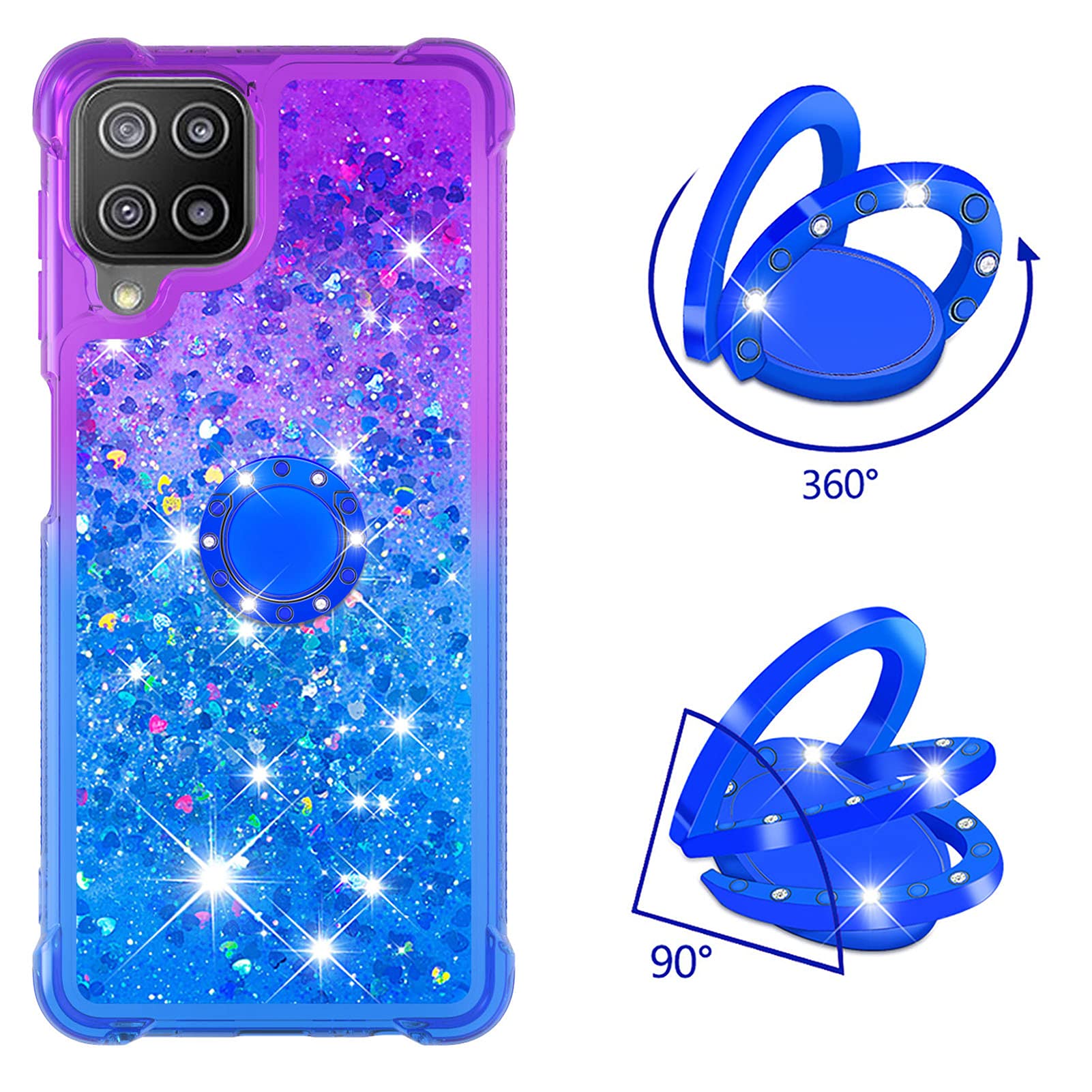 Samsung Galaxy A22 4G Case with Ring Holder - Clear Gradient Quicksand Glitter TPU Cover (Not for 5G Model) | Floating Liquid Design in JB Purple Navy | Perfect for Daily Use, Work & Travel Protection