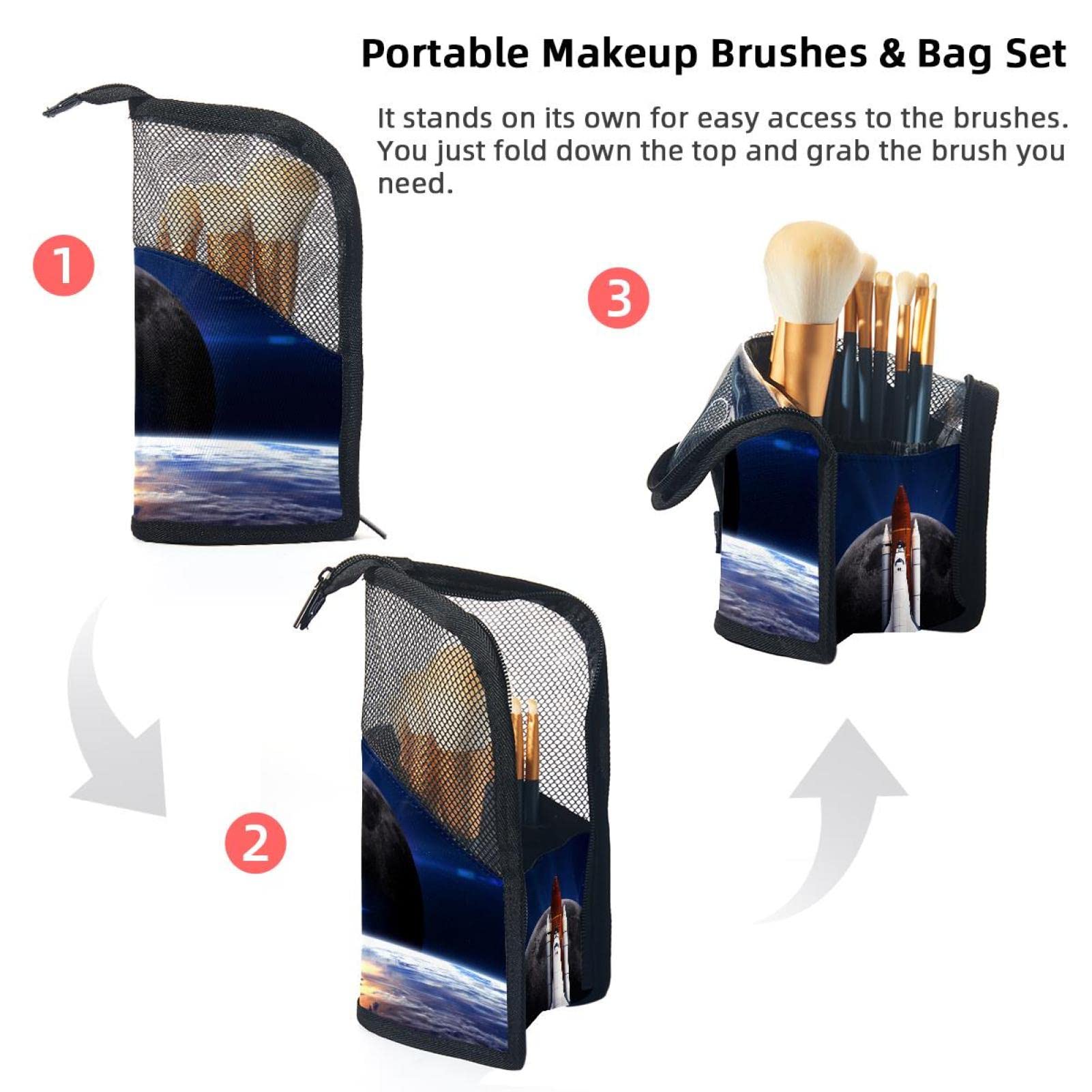 Premium Makeup Brush Organizer Bag with 12 Brushes - Spacecraft Moon Earth Rocket Design - Portable Cosmetic Brush Holder Case for Travel & Home Storage