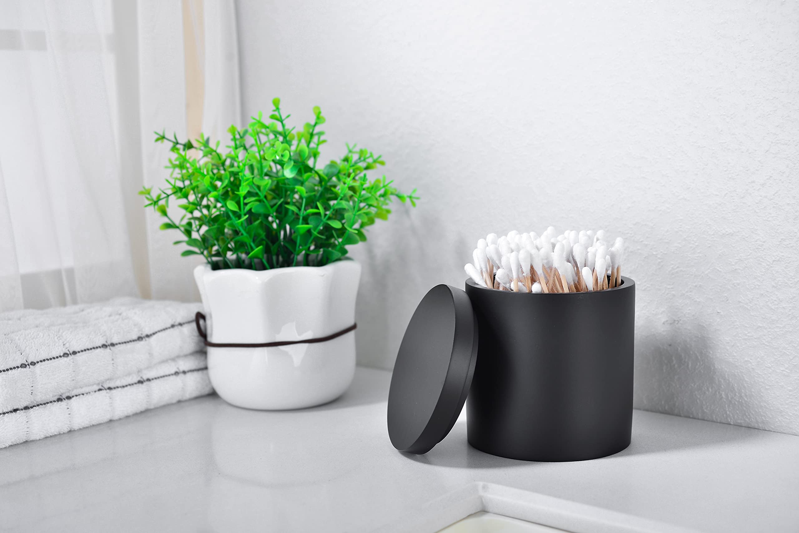 Cotton Swab Holder with Lid - Matte Black Bathroom Organizer for Qtips & Makeup