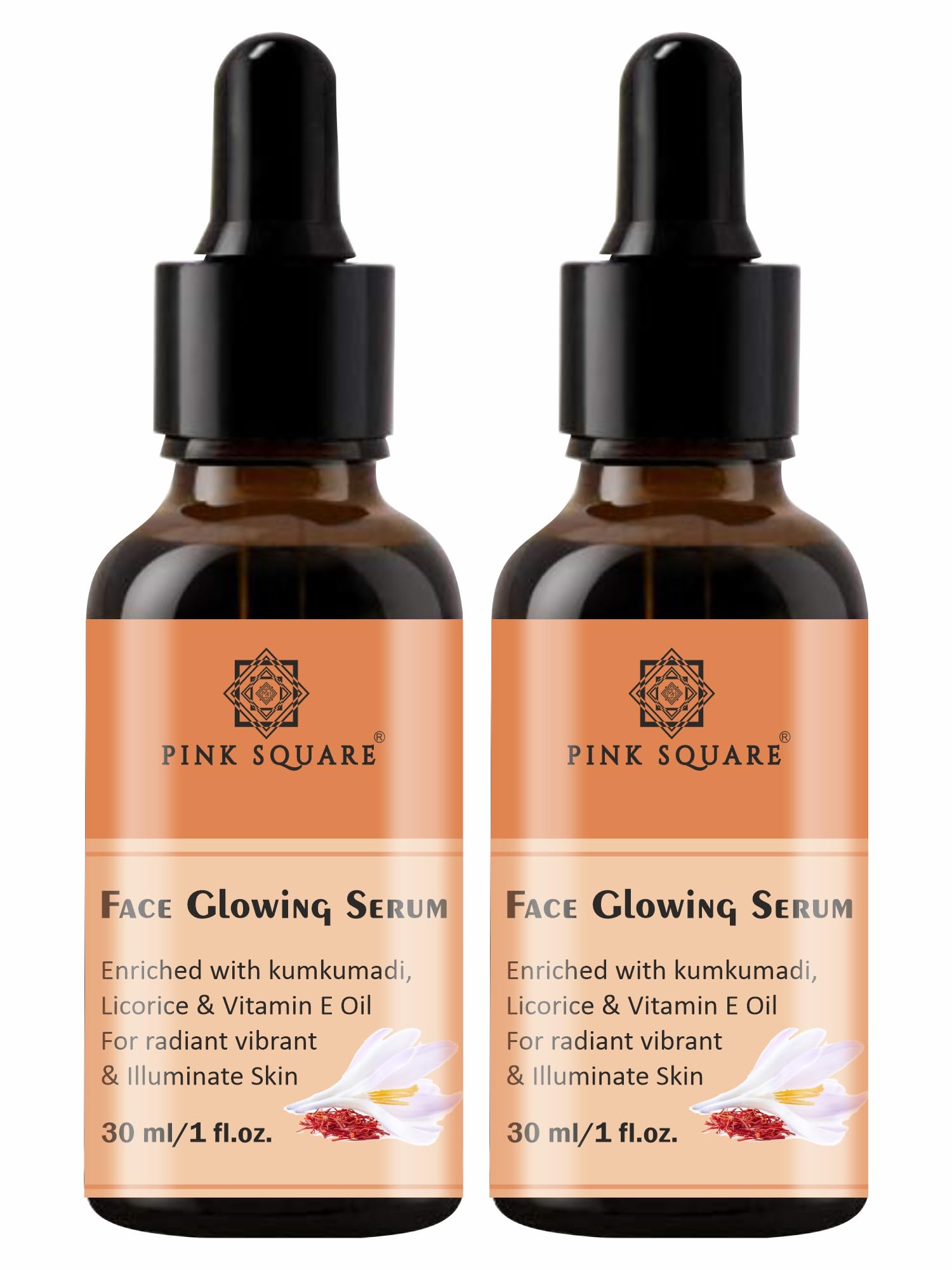 Pink Square Face Glowing Serum with Kumkumadi & Vitamin E Oil - 2 Pack (30ML Each) for Radiant & Illuminated Skin | Perfect for Nighttime Skincare & Anti-Aging Routine