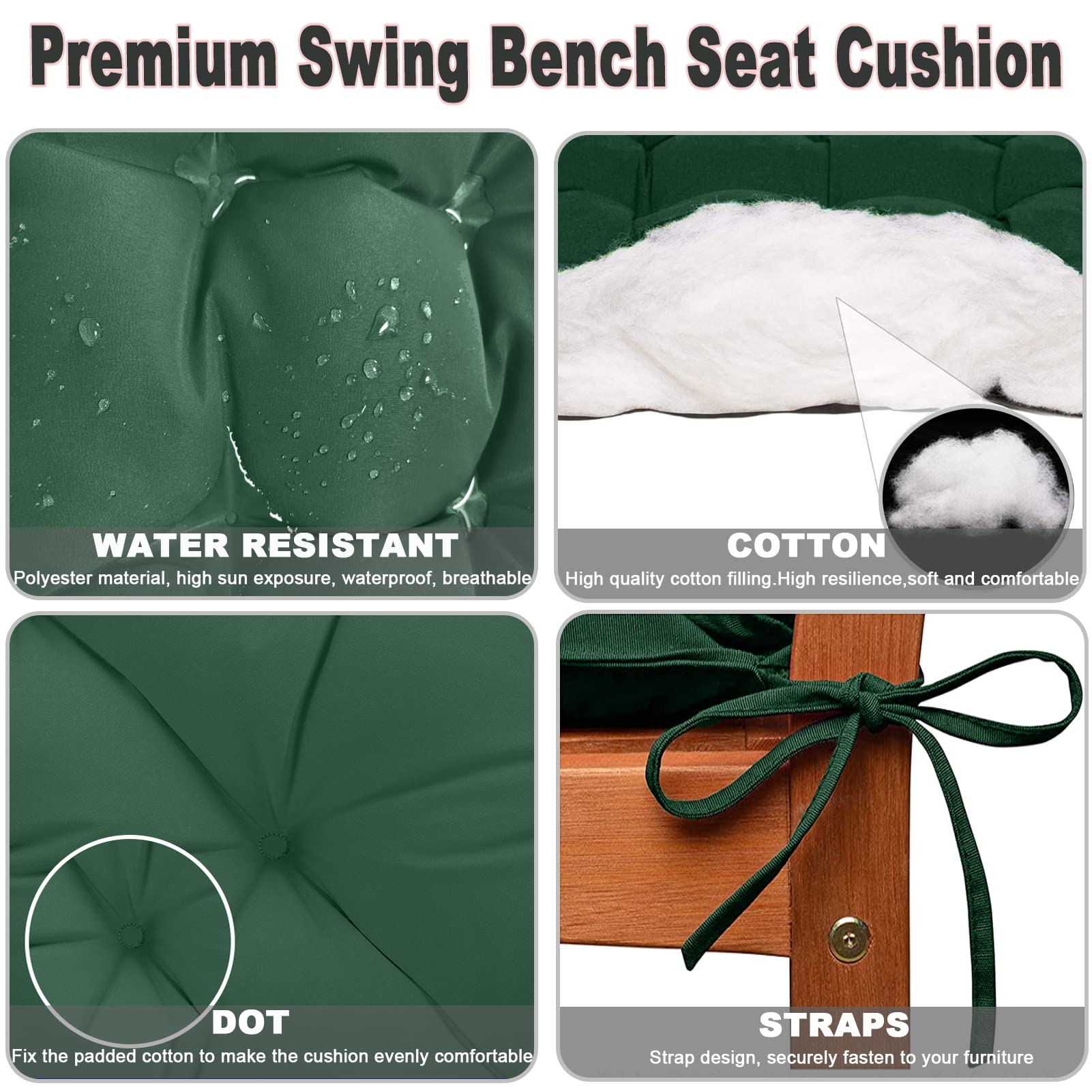 Waterproof Outdoor Swing Cushions with Backrest - 40x40 Inch Dark Green 2-3 Seater Bench Cushions for Porch, Garden & Patio Furniture - Perfect for Relaxing on Your Deck, Swing or Outdoor Lounge Area - Ideal for Backyard, Poolside & Hammock Comfort