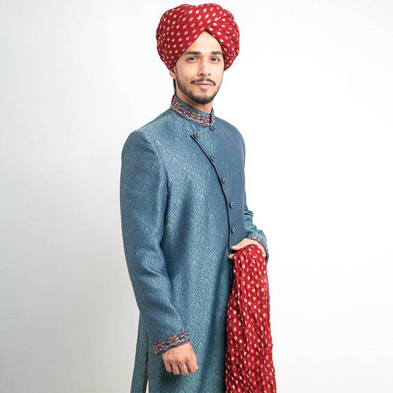 Black and Peppermint Brocade Silk Sherwani for Men | Elegant Indian Wedding Attire | Perfect for Grooms, Festivals & Special Occasions