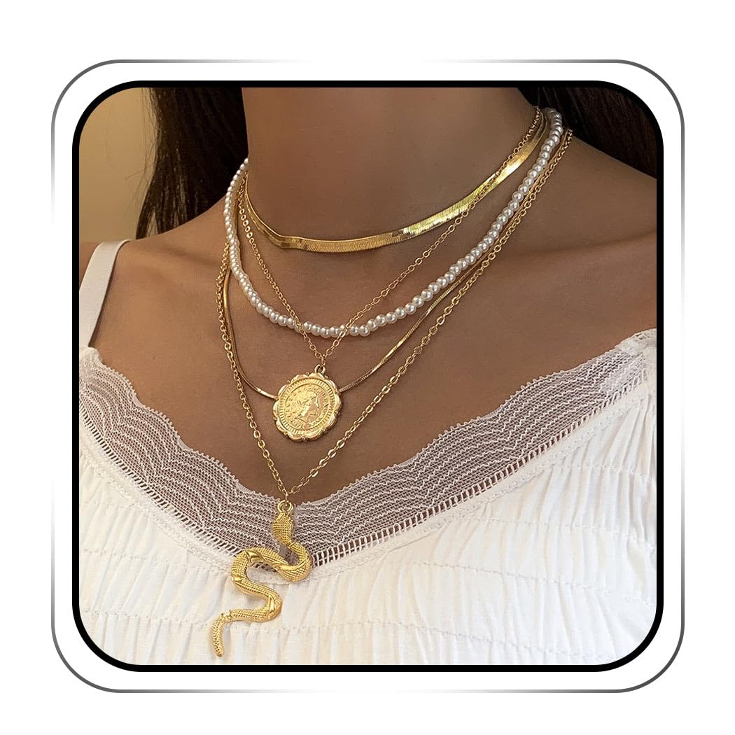 Boho Layered Snake Necklace - Gold Snake Chain Choker with Pearl Accents, Trendy Women's Jewelry for Casual Wear, Parties & Date Nights
