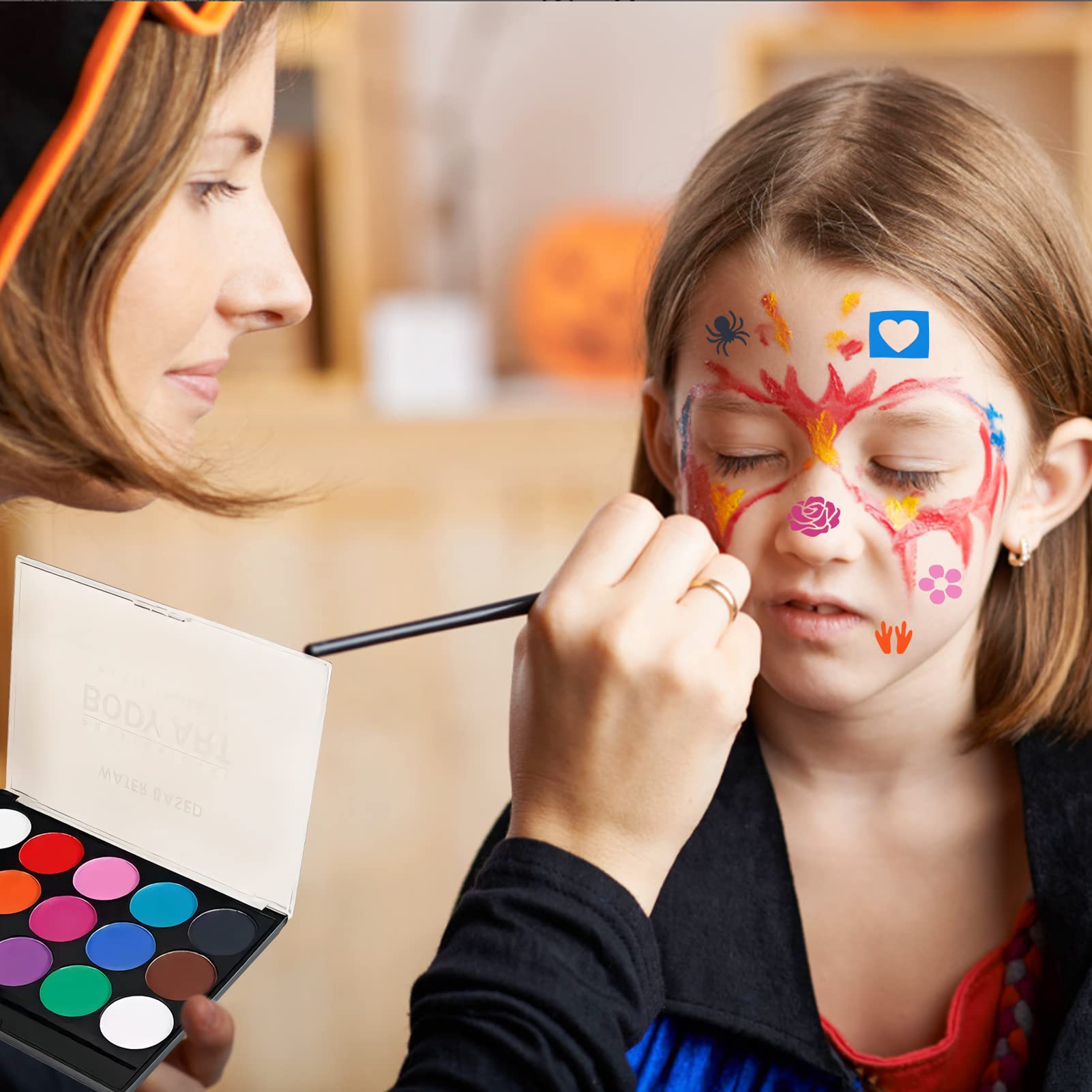TOPJOWGA Face Paint for Kids - 15 Color Non-Toxic Body & Face Paint Kit with 4 Stencils & 2 Brushes - Safe Halloween, Carnival, Party Makeup for Children's Costumes & Face Painting Activities