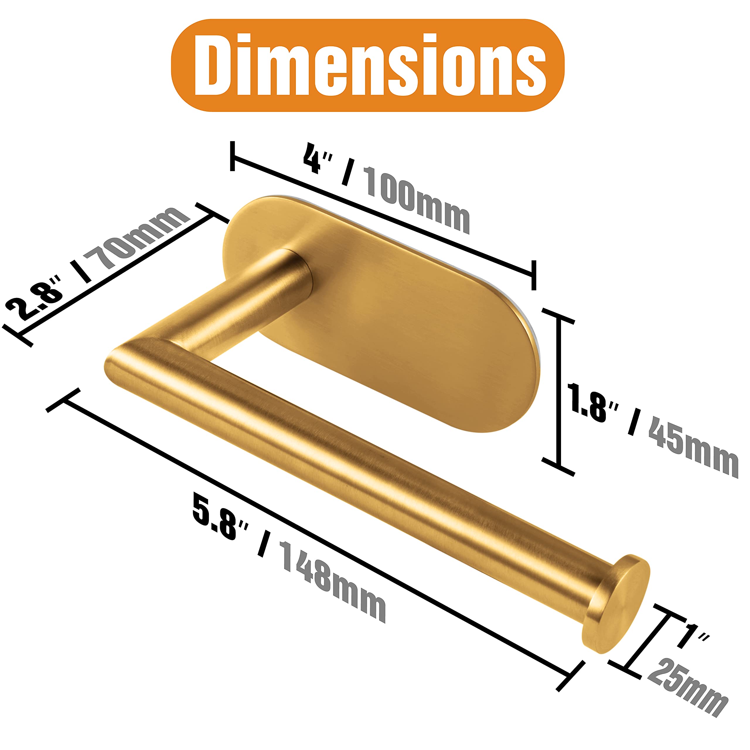 Stainless Steel Self-Adhesive Toilet Paper Holder - Gold Bathroom Wall Mount TP Roll Dispenser | Space-Saving & No Drill Installation for Small Bathrooms, RVs & Apartments