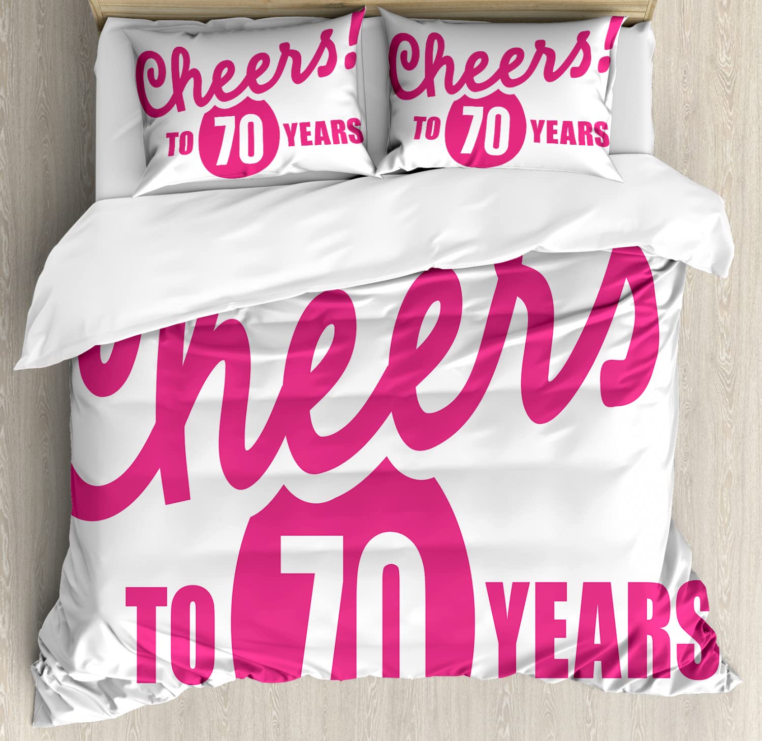 Ambesonne 70th Birthday Duvet Cover Set - King Size 2-Pack with 2 Duvet Covers & 4 Pillowcases - Hot Pink & Black Handwritten Calligraphy Design - Perfect for 70th Birthday Party Decorations & Gift Ideas