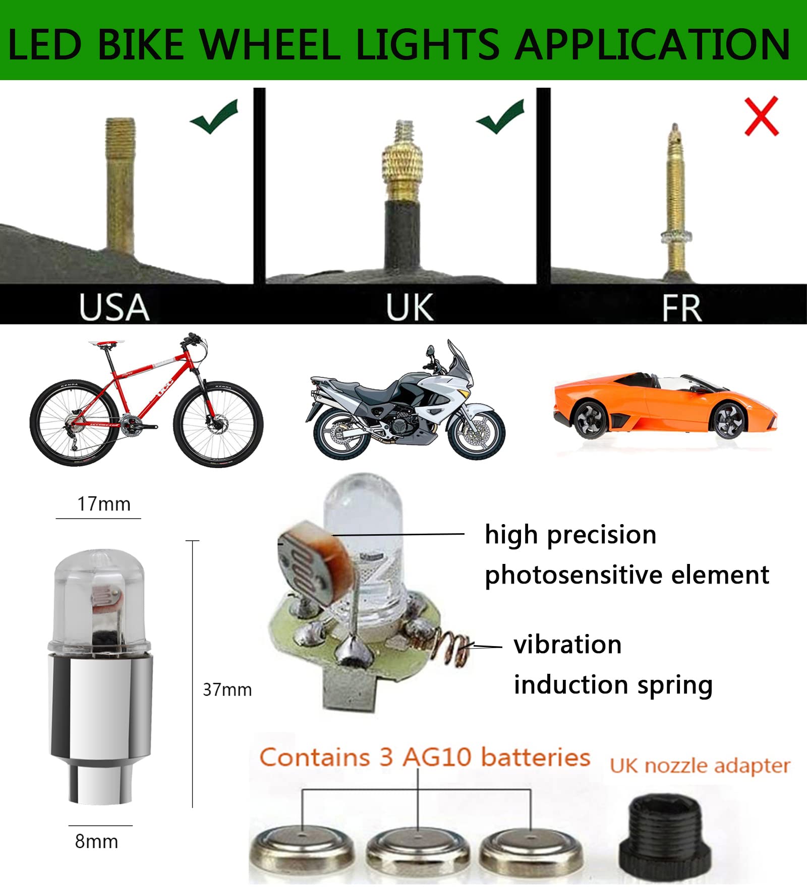 4 Pack LED Tire Valve Stem Lights - Waterproof Wheel Lights for Cars, Trucks, Bikes, Motorcycles & Golf Carts (Includes 10 Extra Batteries) - White Glow for Night Safety & Style | Perfect for Kids, Boys & Outdoor Adventures