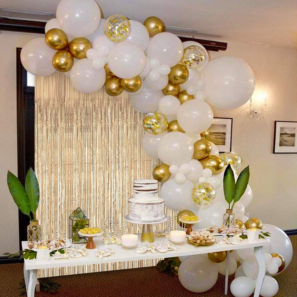 JOYYPOP White Gold Balloon Garland Kit with Gold Tinsel Curtain - 50pcs Premium Balloons for Wedding, Birthday Party Decorations - Perfect for Bridal Showers, Anniversary Celebrations & Baby Showers