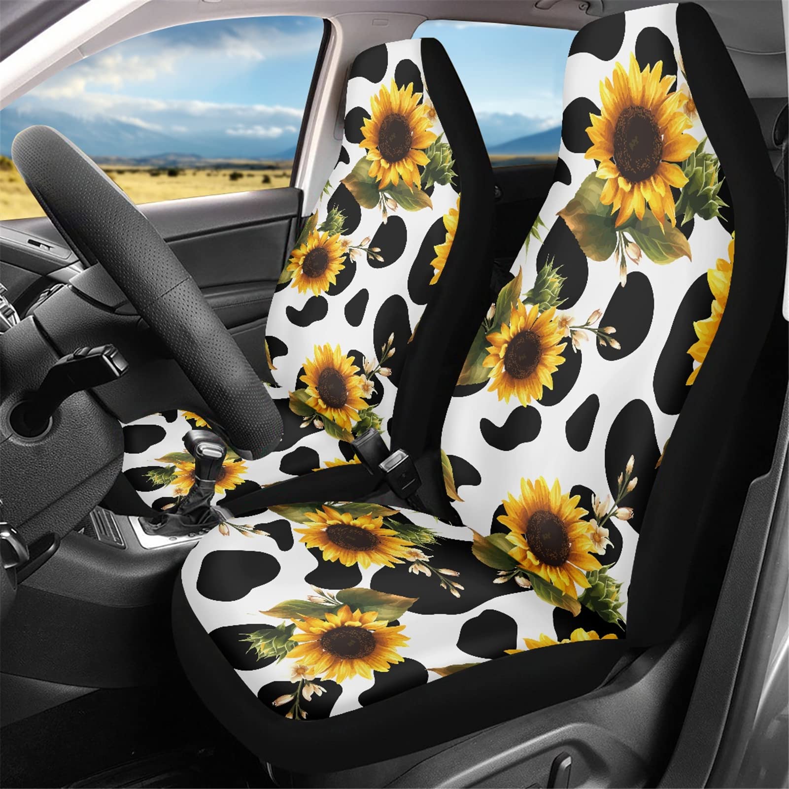JEOCODY Sunflower Cow Print Car Seat Covers - 2-Piece Set for Trucks, Sedans, Vans & SUVs - Soft Automotive Seat Protectors for Comfort & Style - Perfect for Road Trips, Daily Commutes & Family Travel