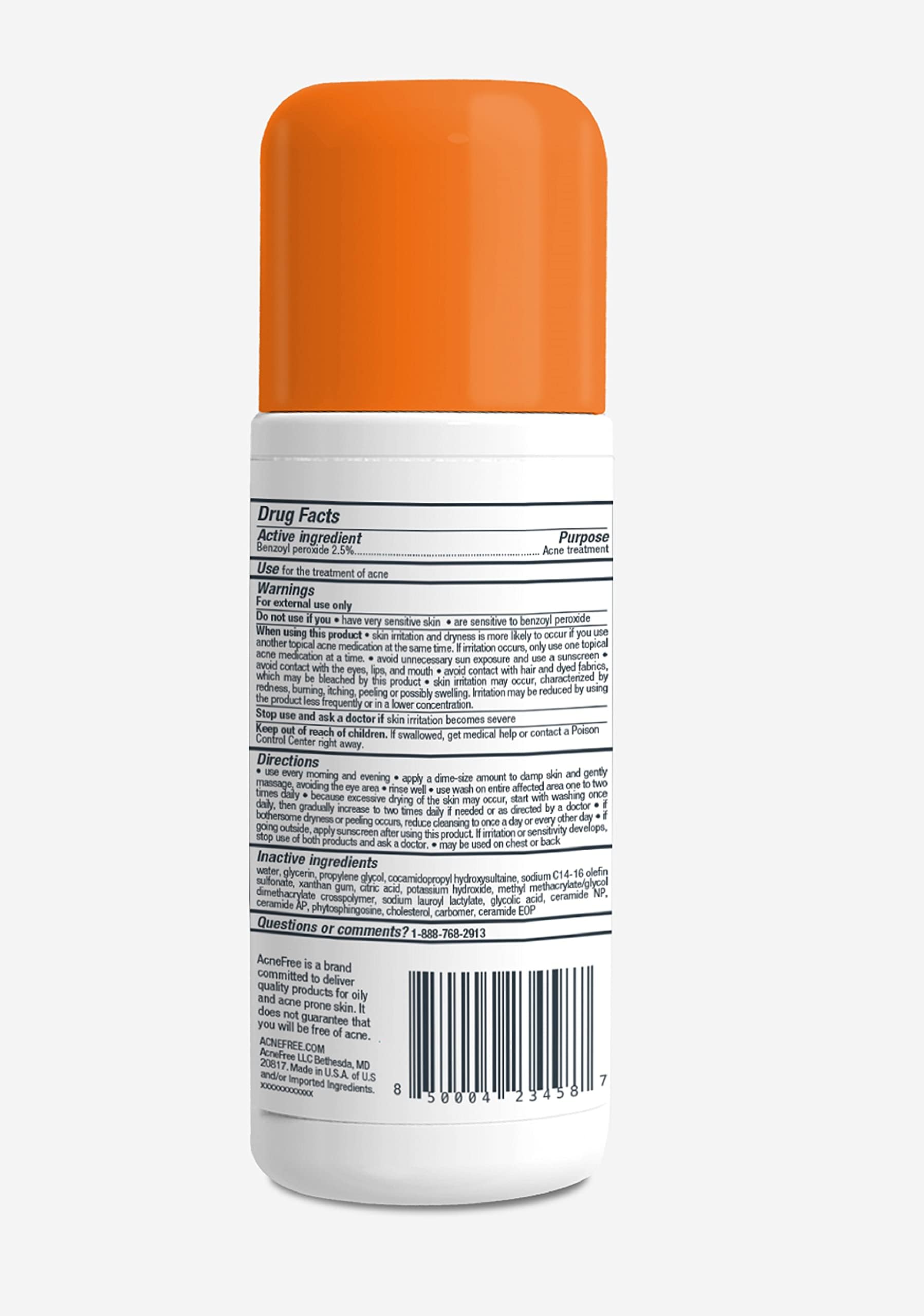 AcneFree Oil-Free Facial Cleanser with 2.5% Benzoyl Peroxide & Glycolic Acid - Acne Treatment & Prevention, Unscented 8 Fl Oz - Gentle Daily Wash for Oily, Acne-Prone Skin