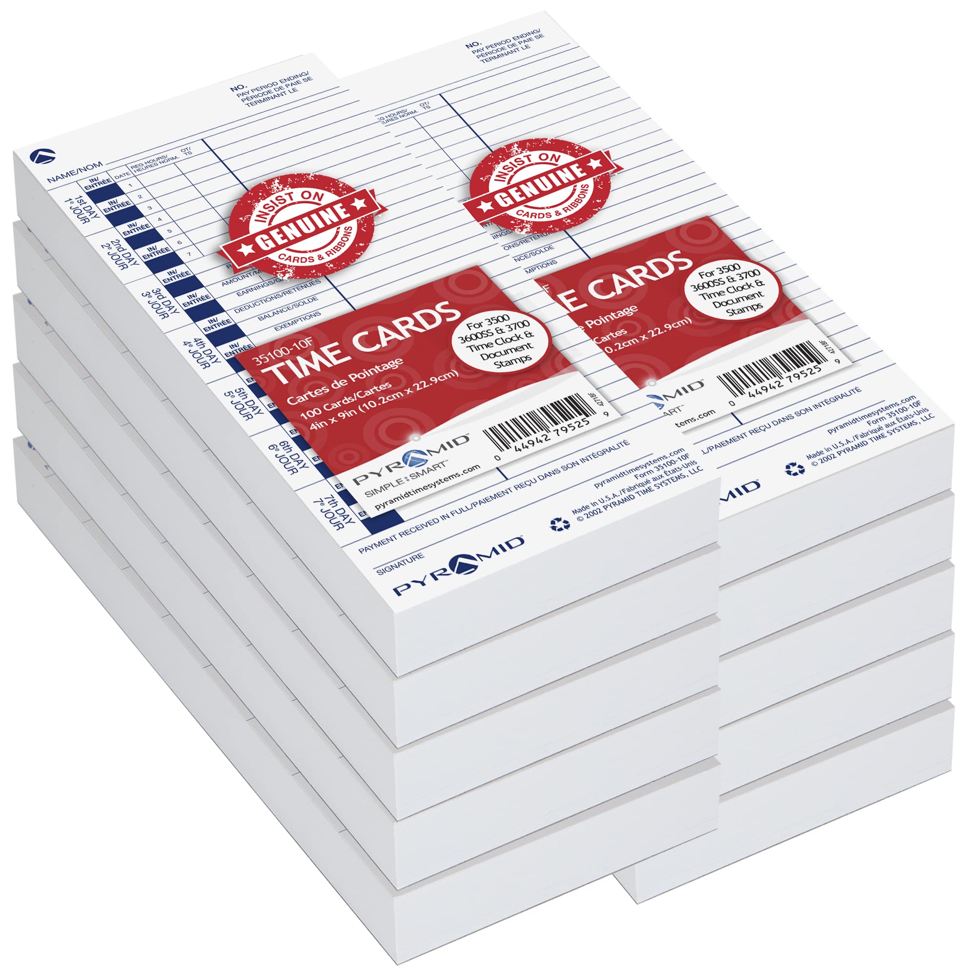 1000 Genuine French White Time Cards for Pyramid Time Clock Models 3500, 3500SS, 3600SS, 3700 - Authentic Replacement Time Sheets for Employee Attendance Tracking in Offices, Factories & Workplaces