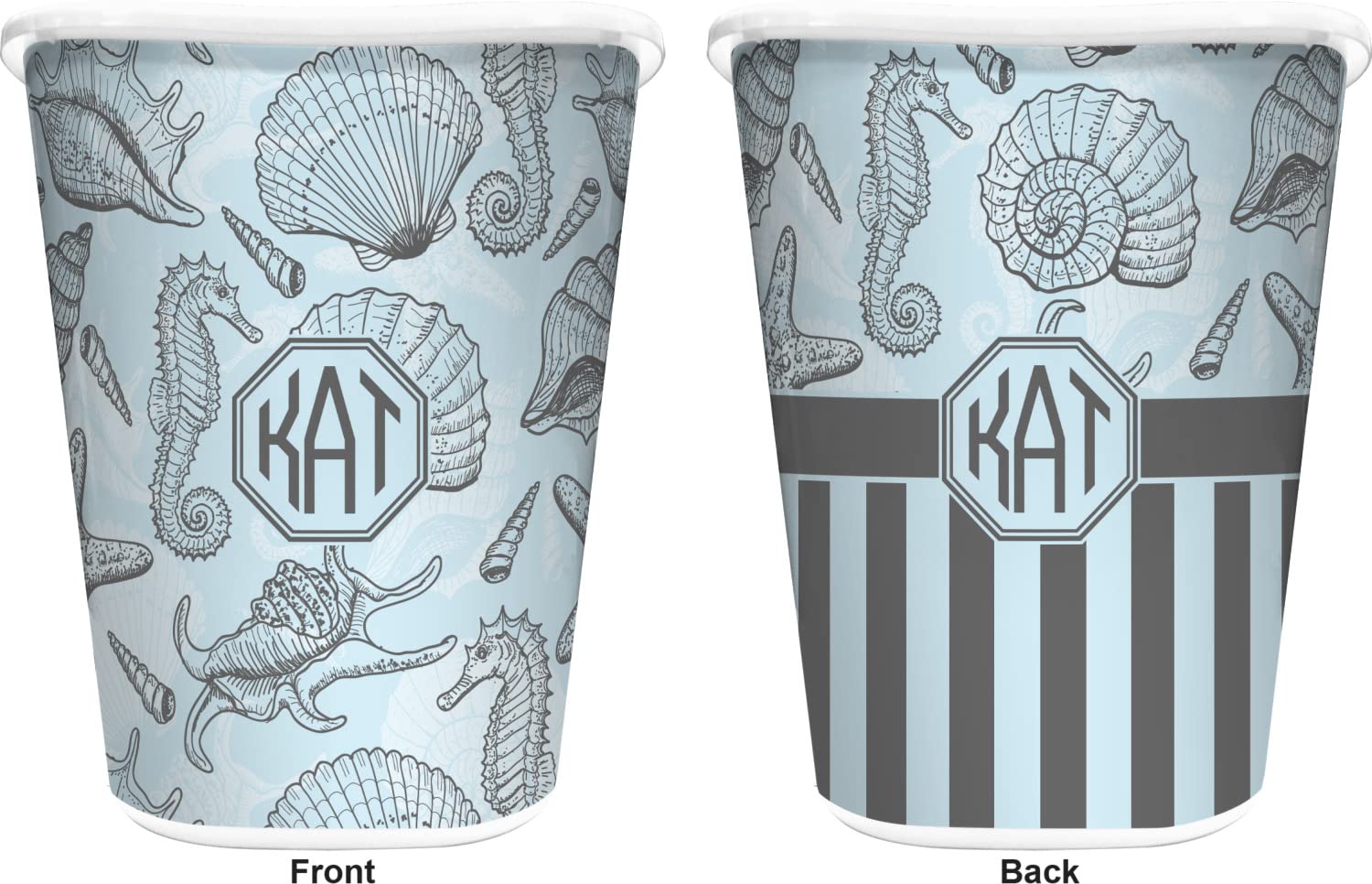 Personalized Blue Seashell Waste Bin - Double Sided for Beach Decor