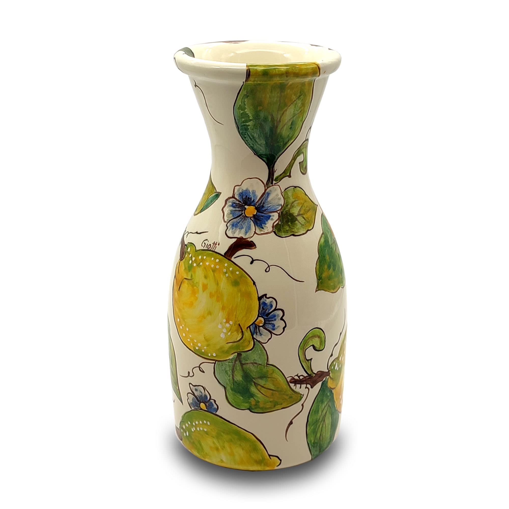 Italian Ceramic Wine Jug with Lemon Design - 16.9 oz Hand-Painted Kitchen Carafe & Utensil Holder - Authentic Tuscan Pottery from Italy - Elegant Home Decor for Wine & Olive Oil Dispenser - Perfect for Rustic Kitchens, Farmhouse Dining, and Gift Giving