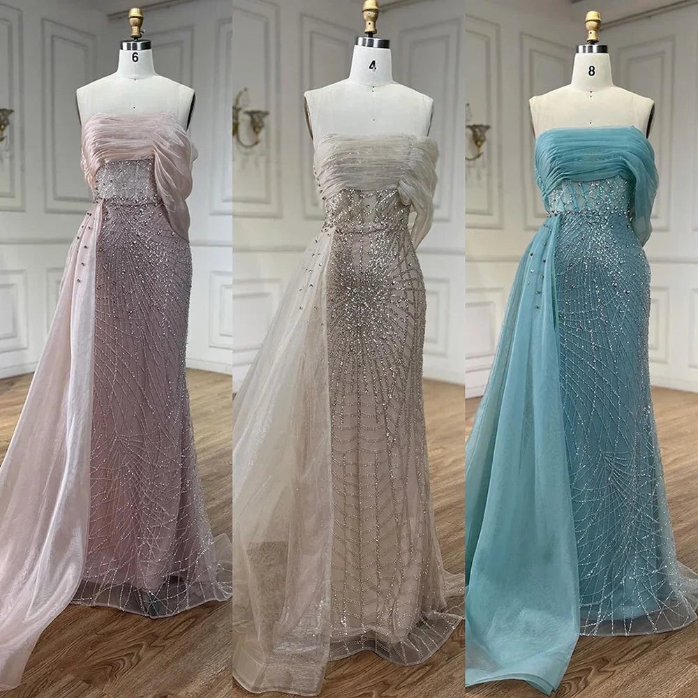 Elegant Turquoise One Shoulder Evening Dress with Side Train & Pearl Details - Women's Formal Wedding Party Gown LA72523 | Perfect for Prom, Cocktail Events & Black Tie Occasions