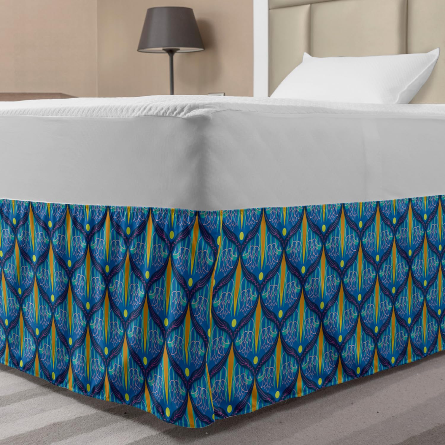Ambesonne Vintage Bohemian Bed Skirt - Tulip Blossom Floral Design with Curly Frames, Wrap Around Elastic Gathered Bedskirt for Full Size Beds, Violet Blue & Ginger - Perfect for Bedroom Decor, Guest Rooms & Bohemian Style Home Decor