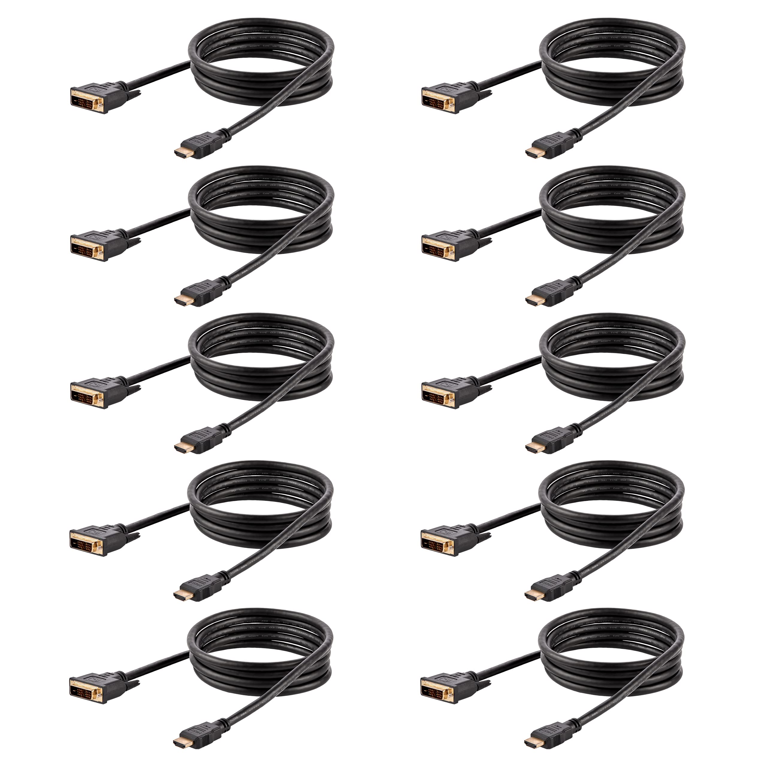 StarTech.com 6ft HDMI to DVI Cable 10 Pack - High Speed 1920x1200p Resolution, 19 Pin DVI-D to HDMI Adapter Cable for Monitor, TV, PC, Laptop - Ideal for Home Theater, Gaming & Office Setup (HDMIDVIMM610PK)