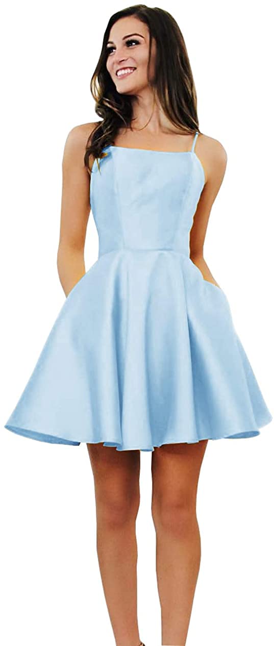 RoBride Spaghetti Strap Short Satin Homecoming Dress | Mini Formal Party Gown with Pockets | Women & Juniors Prom Night, Cocktail Party, Sweet 16, Quinceañera Outfit