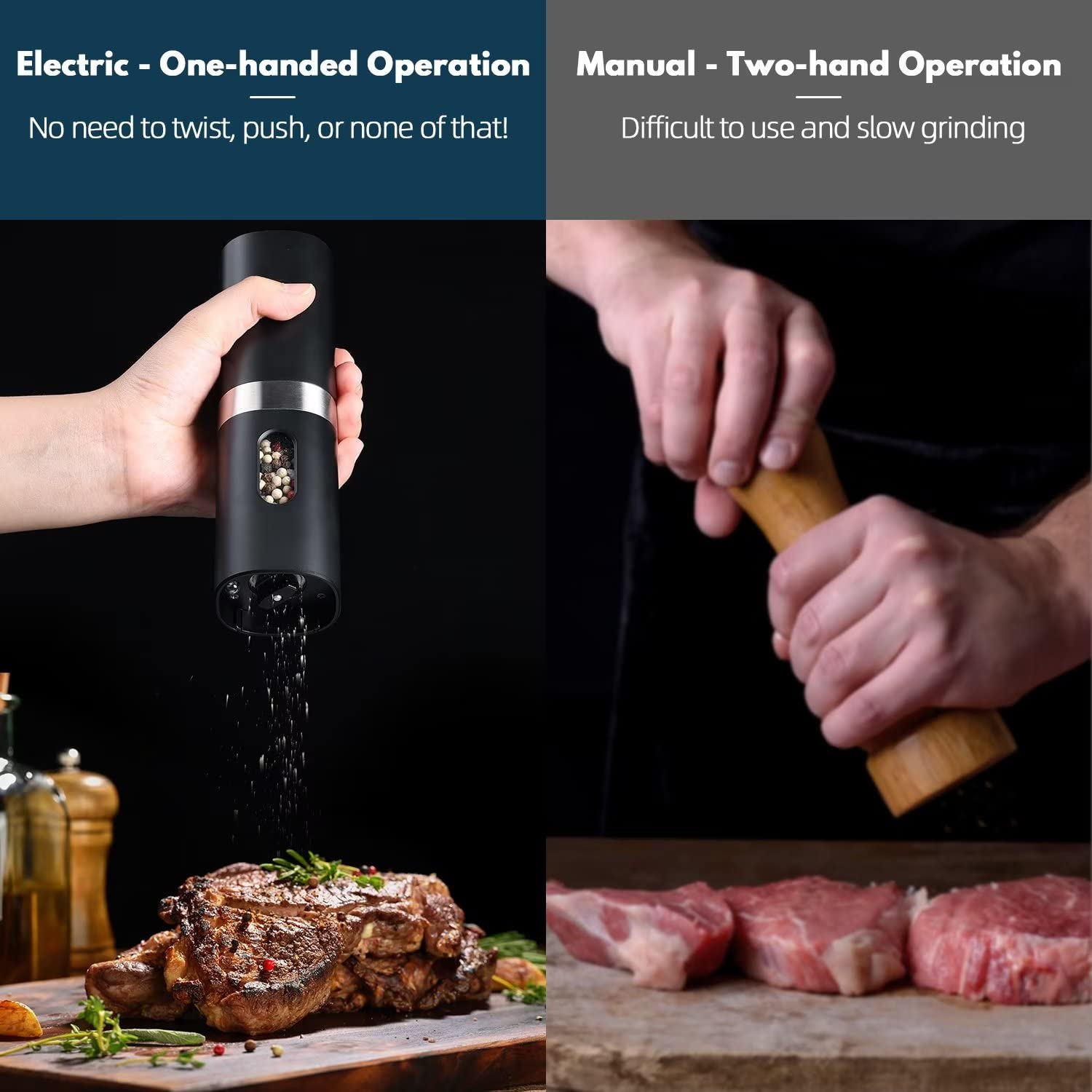 Premium Electric Pepper Grinder & Salt Mill - Battery Operated, Adjustable Coarseness, One-Hand Button Control with LED Light - Refillable Black Peppercorn Grinder (Batteries Not Included) - Perfect for Kitchen, Dining Table & Gourmet Cooking