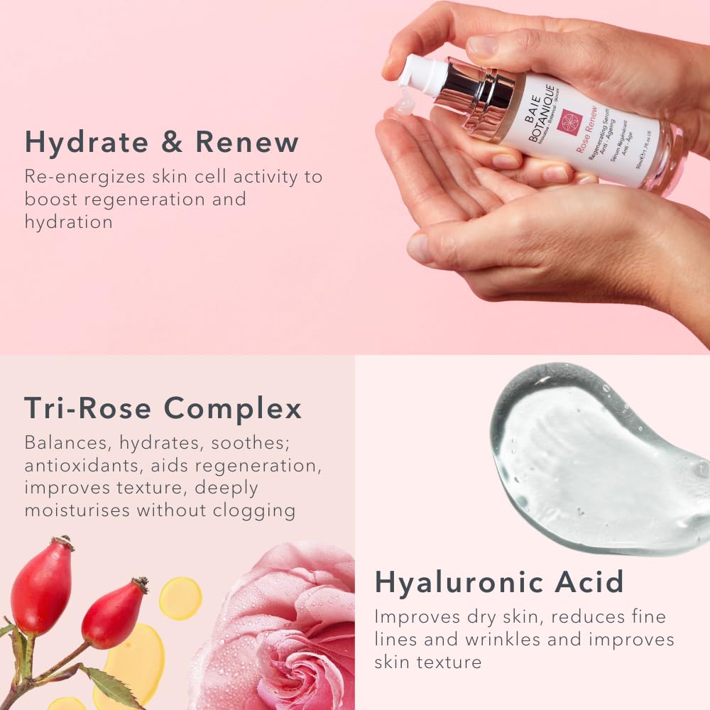 Baie Botanique Rose Renew Organic Face Serum with Rose Water & Rose Absolute – Natural, Vegan, Non-Toxic, Paraben-Free Anti-Aging Skincare (50ml) – Perfect for Dry, Sensitive & Mature Skin – Day & Night Hydration