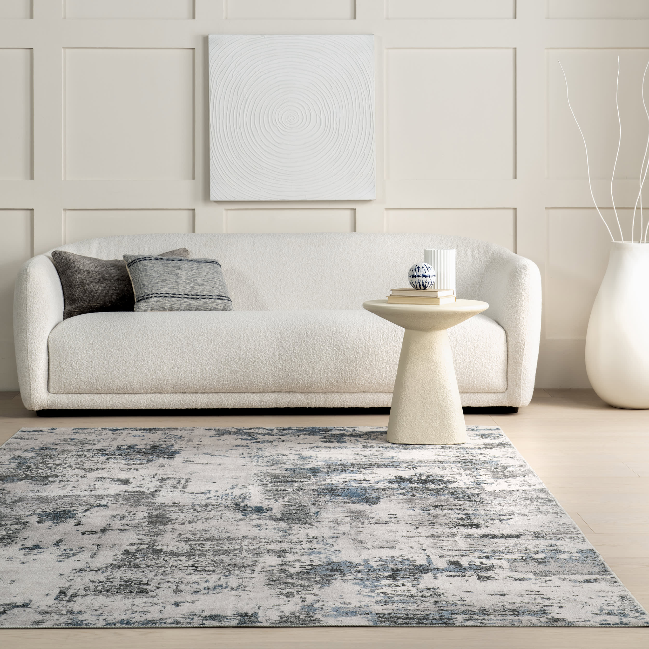 Faded Abstract Washable Area Rug - Blue Grey Modern Boho Rug for Living Room, Bedroom & Nursery Decor