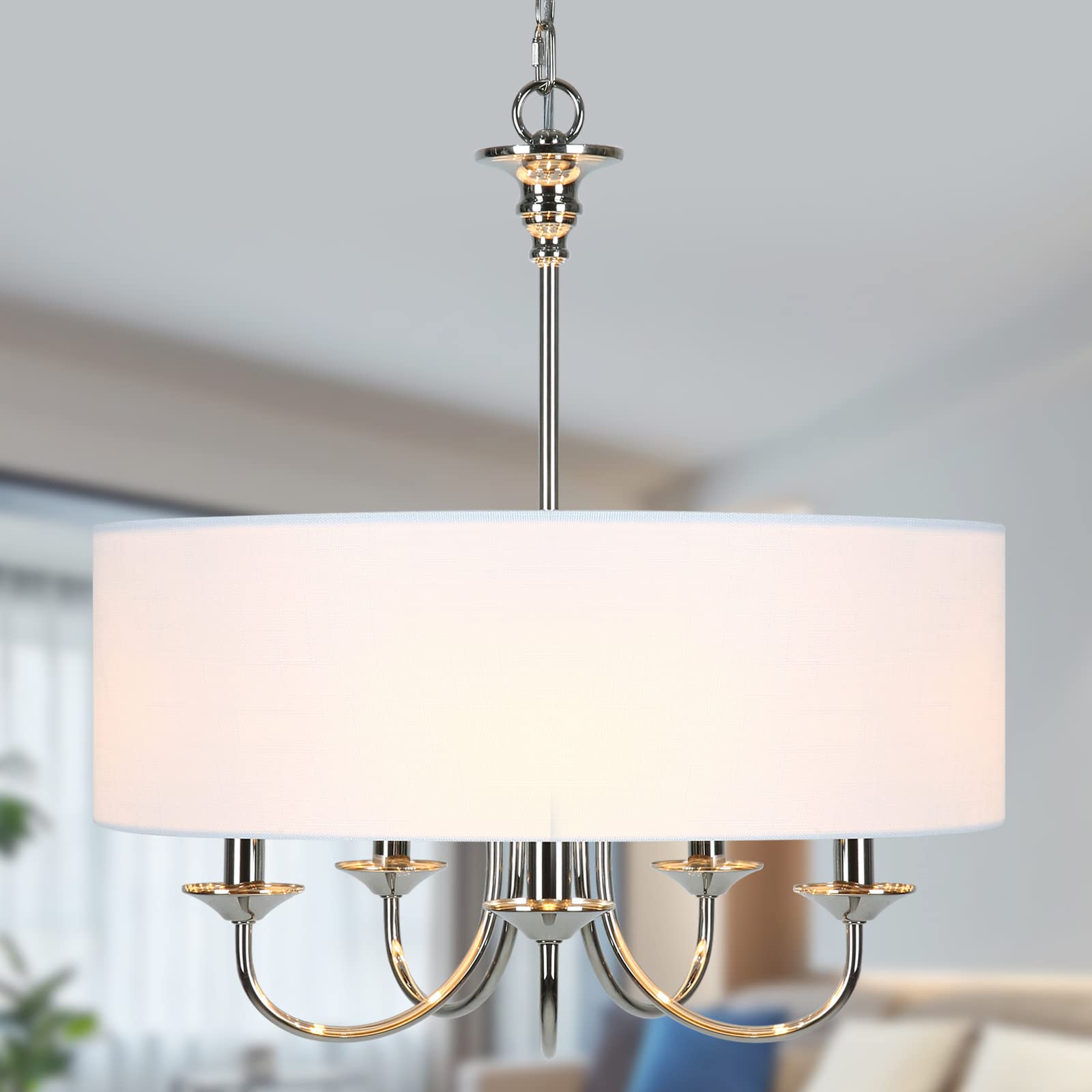 Modern 5-Light Chrome Drum Chandelier with Linen Shade - 20
