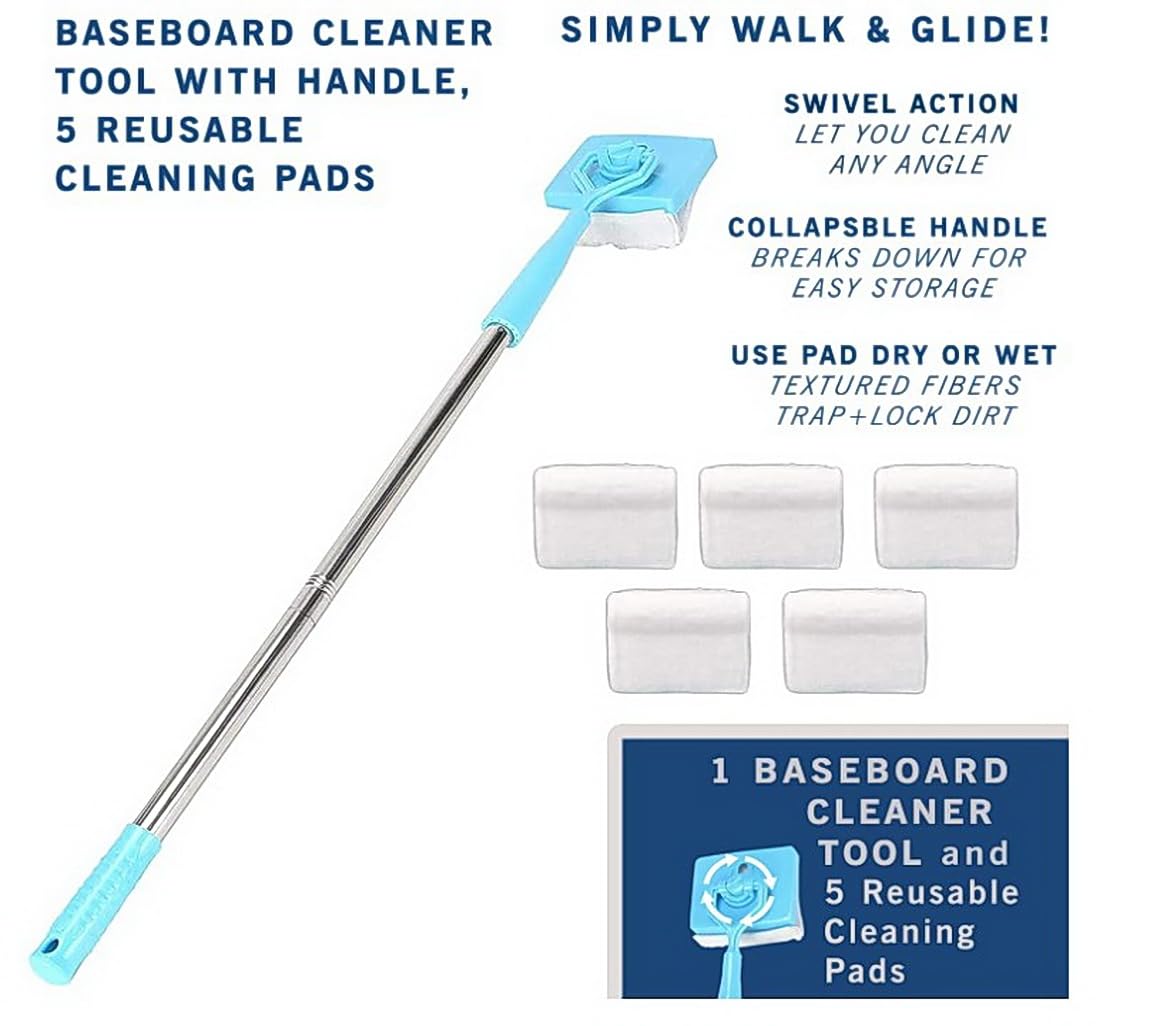 No-Bending Mop Baseboard Cleaner Tool with 5 Reusable Pads - Long Handle Skirting Board & Molding Cleaner for Floors, Walls, Corners - Perfect for Hardwood, Tile & Laminate Cleaning