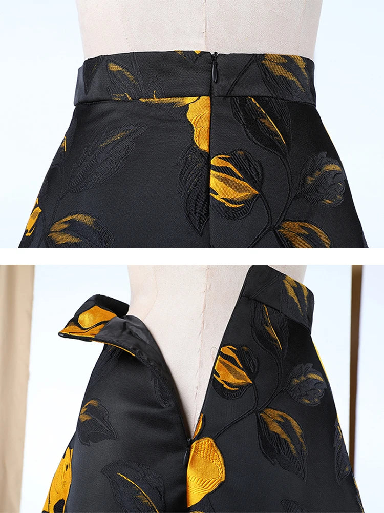 Stylish Black Casual Slim Print Colorblock Skirt for Women - Gathered Waist Flattering Design, Perfect for Autumn Outfits & Office Wear