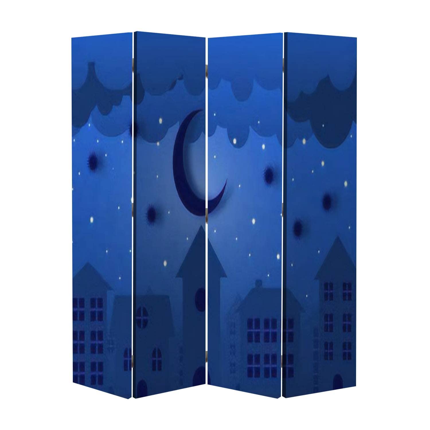4 Panel Canvas Room Divider Screen - Night City Dark Moon & Stars on Cloudy Sky - Privacy Partition Wall Divider for Home, Office, Bathroom - Perfect for Creating Private Spaces in Studios, Dorms & Meditation Areas