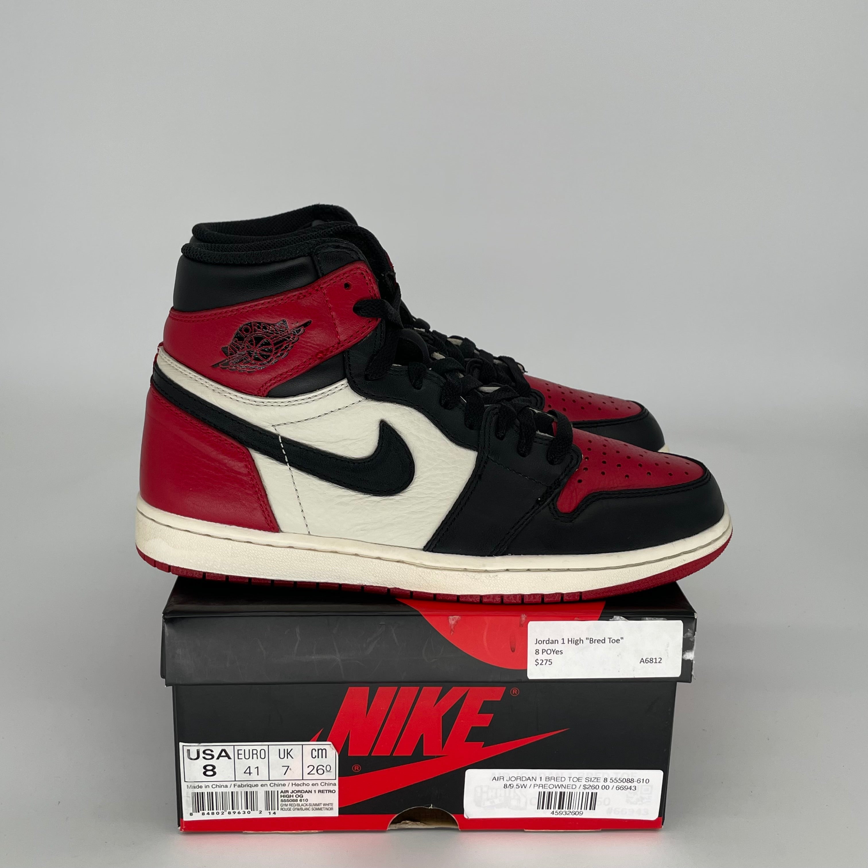Air Jordan 1 Retro High OG 'Bred Toe' Men's Basketball Shoes Size 8 - Style 555088-610 | Authentic Sneakers for Streetwear & Basketball Games