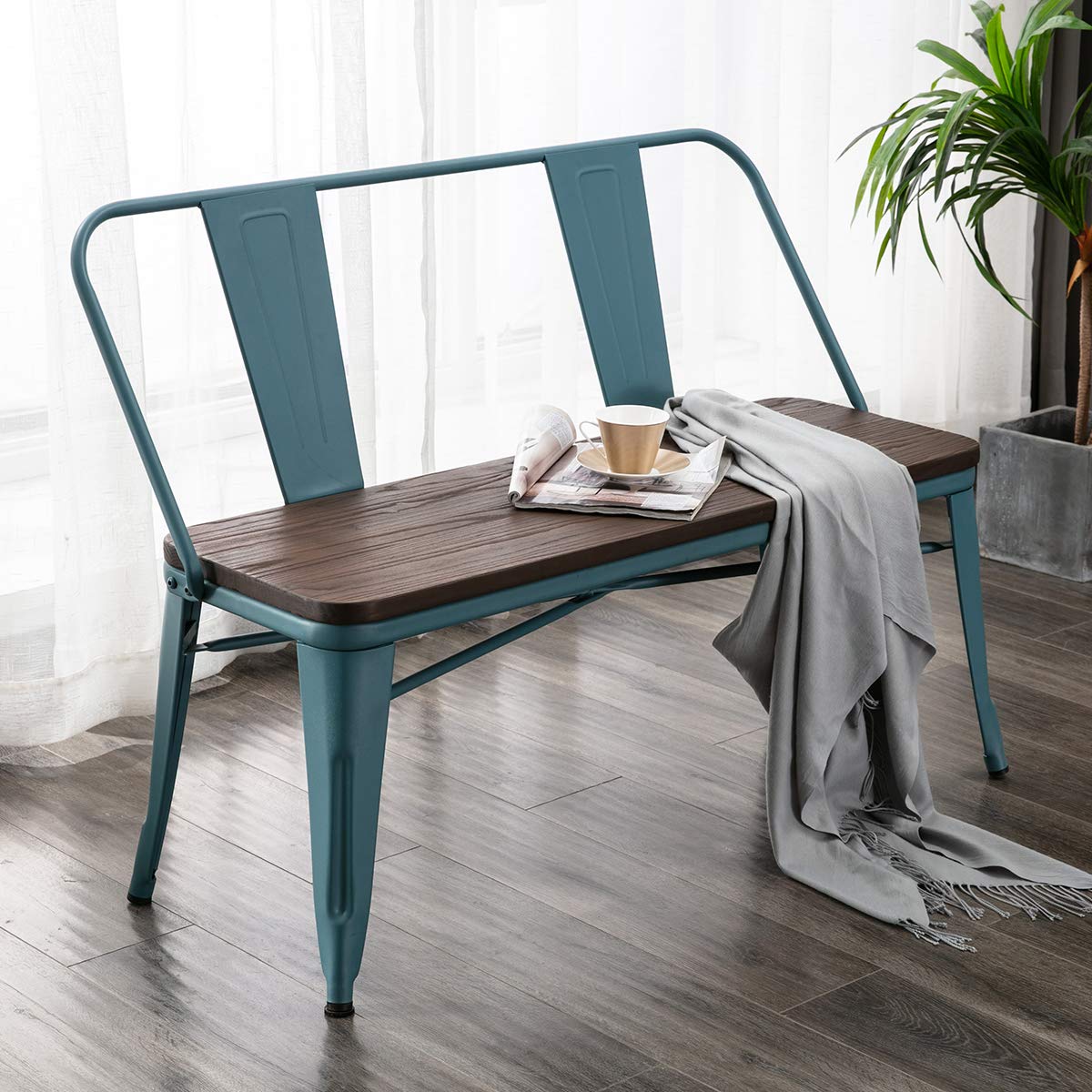 MELLCOM Industrial Metal Dining Bench with Wood Seat - Mid-Century Style 3-Person Chair, Floor Protector Included, Blue - Perfect for Kitchen, Restaurant, and Outdoor Patio Seating