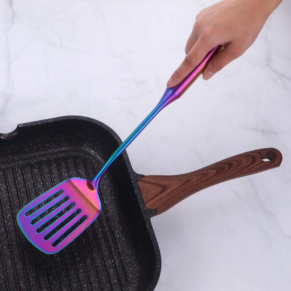 BuyGo Stainless Steel Rainbow Slotted Spatula Turner - Heat-Resistant Kitchen Utensil with Ergonomic Vacuum Handle for Cooking, Flipping & Serving - Dishwasher Safe - Perfect for Woks, Pans & Grilling