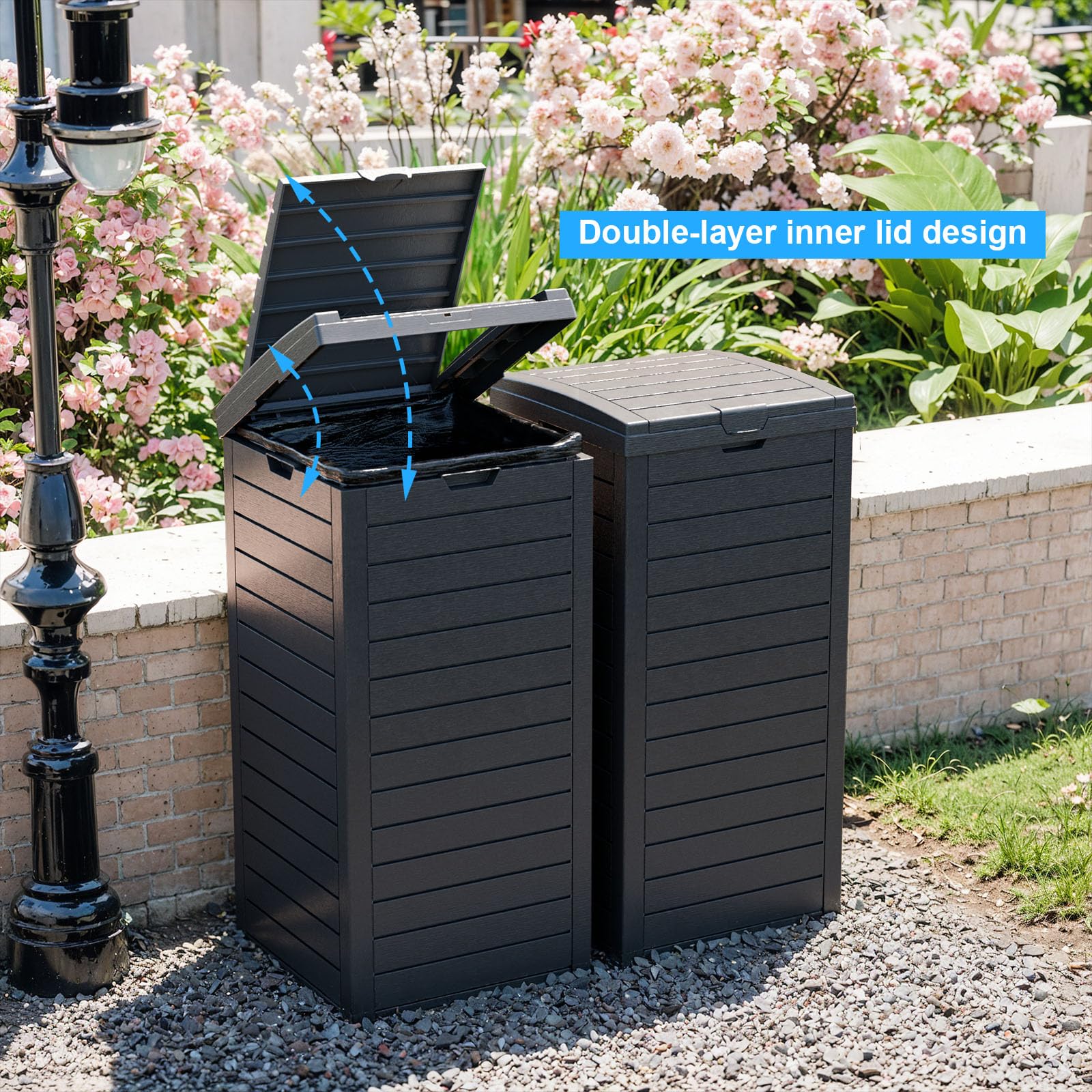 Outdoor Trash Can with Lid - 31 Gallon Waterproof Resin Garbage Bin with Dual Lid Closure & Pull-Out Liquid Drawer - Heavy Duty for Patio, Backyard, Deck, Garden, Camping & Outdoor Events (Black)