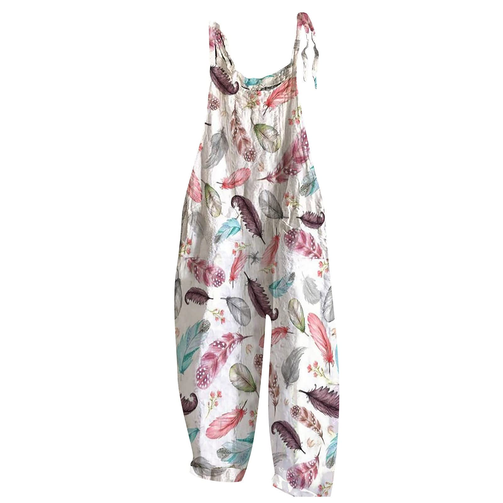 Women's Floral Cotton Spaghetti Strap Jumpsuit - Sleeveless Tie-Front Cami Romper, Vintage Style Loose Overalls for Casual Wear, Summer Outfits & Boho Fashion