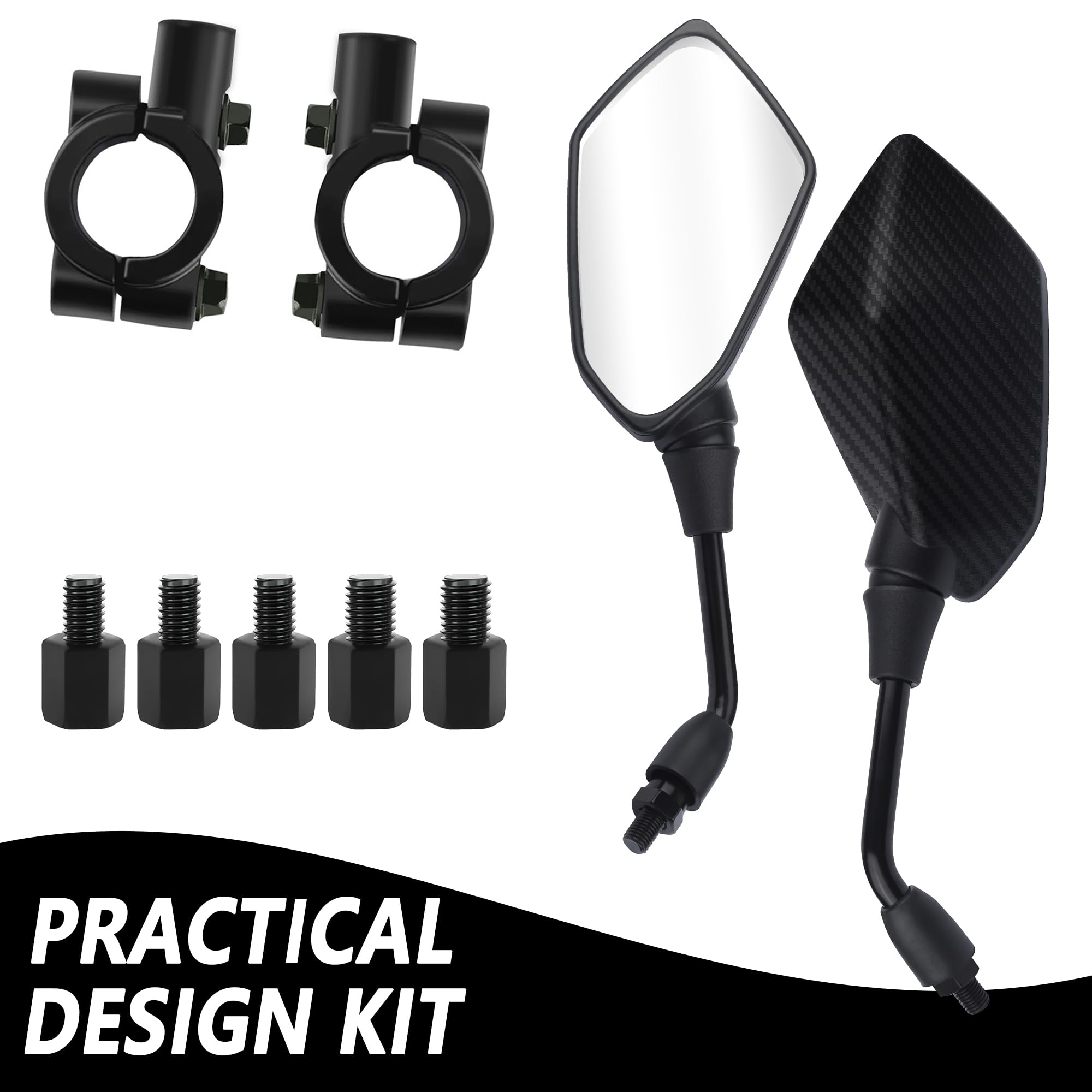 8mm & 10mm Bolt HD 360° Adjustable Motorcycle Mirrors - Wide Angle Rear View Handlebars Mirrors for Scooter, ATV, Dirt Bike (Carbon Fiber) - Perfect for Commuting, Off-Roading & Urban Riding